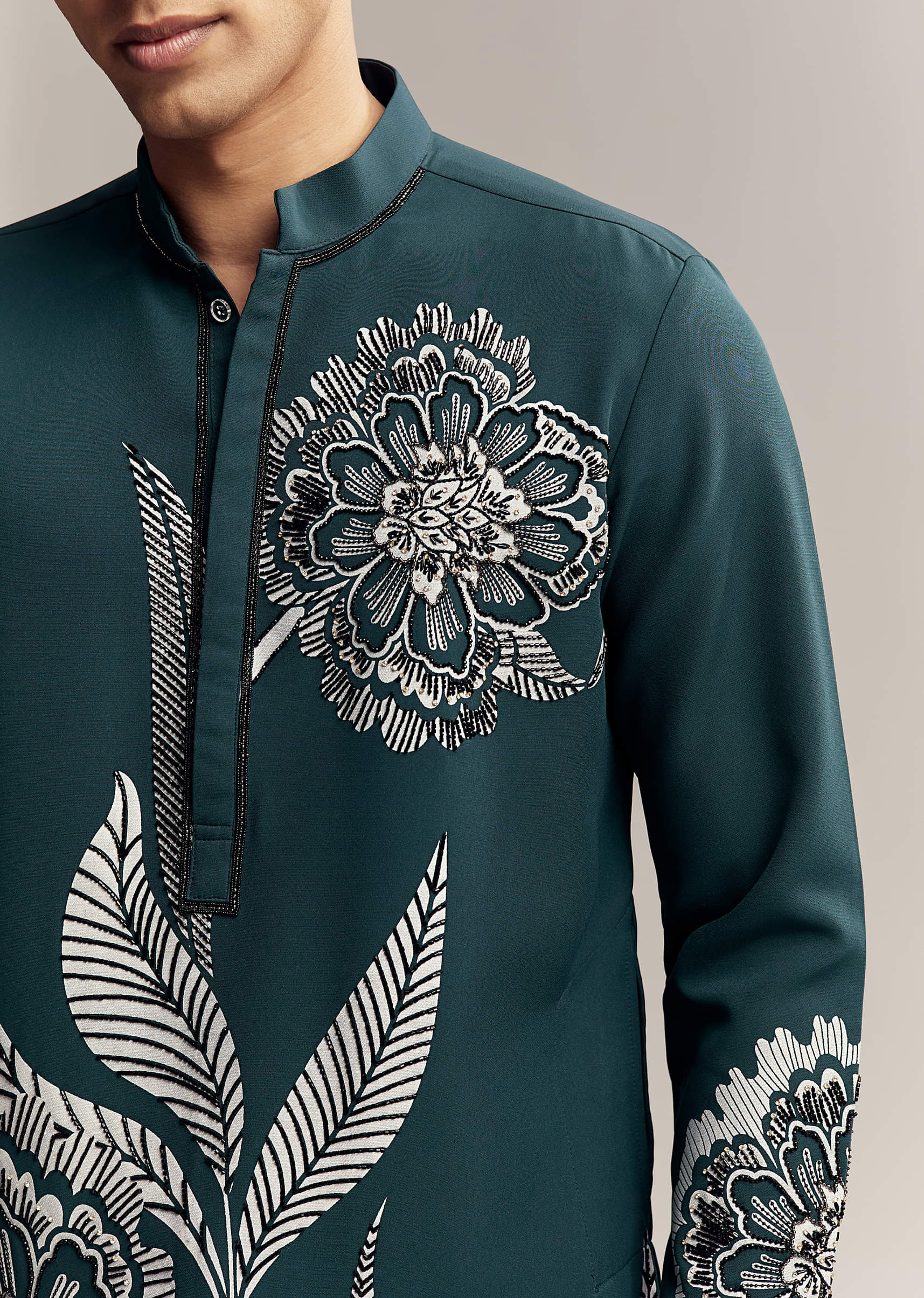 Blue Kurta Set For Men With Floral Print And Beads Work On Suiting Fabric - Image 2
