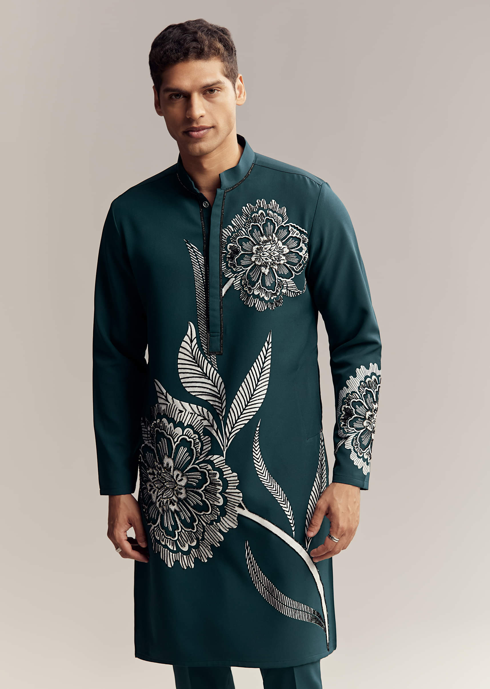 Blue Kurta Set For Men With Floral Print And Beads Work On Suiting Fabric - Image 4