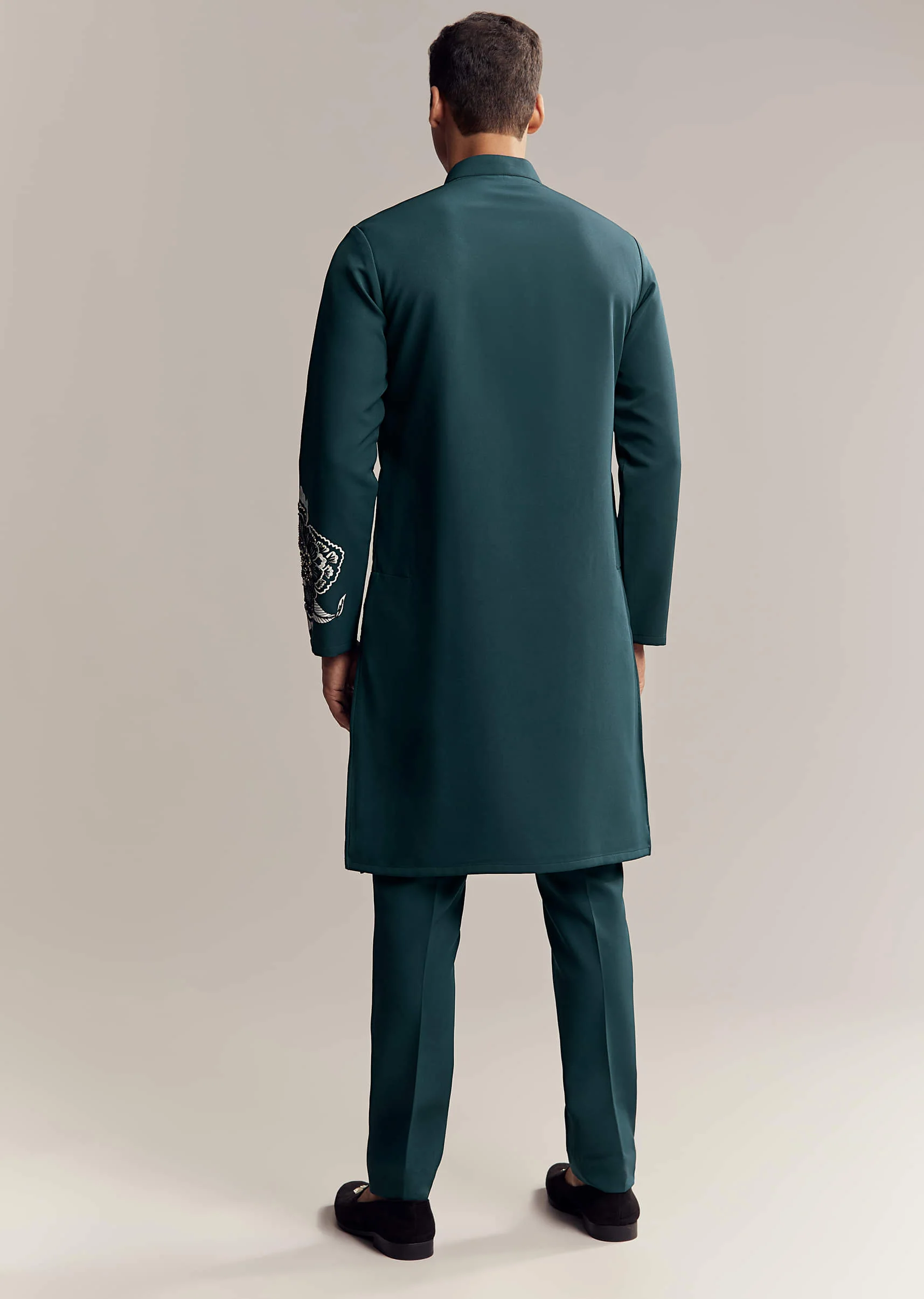 Blue Kurta Set For Men With Floral Print And Beads Work On Suiting Fabric - Image 5