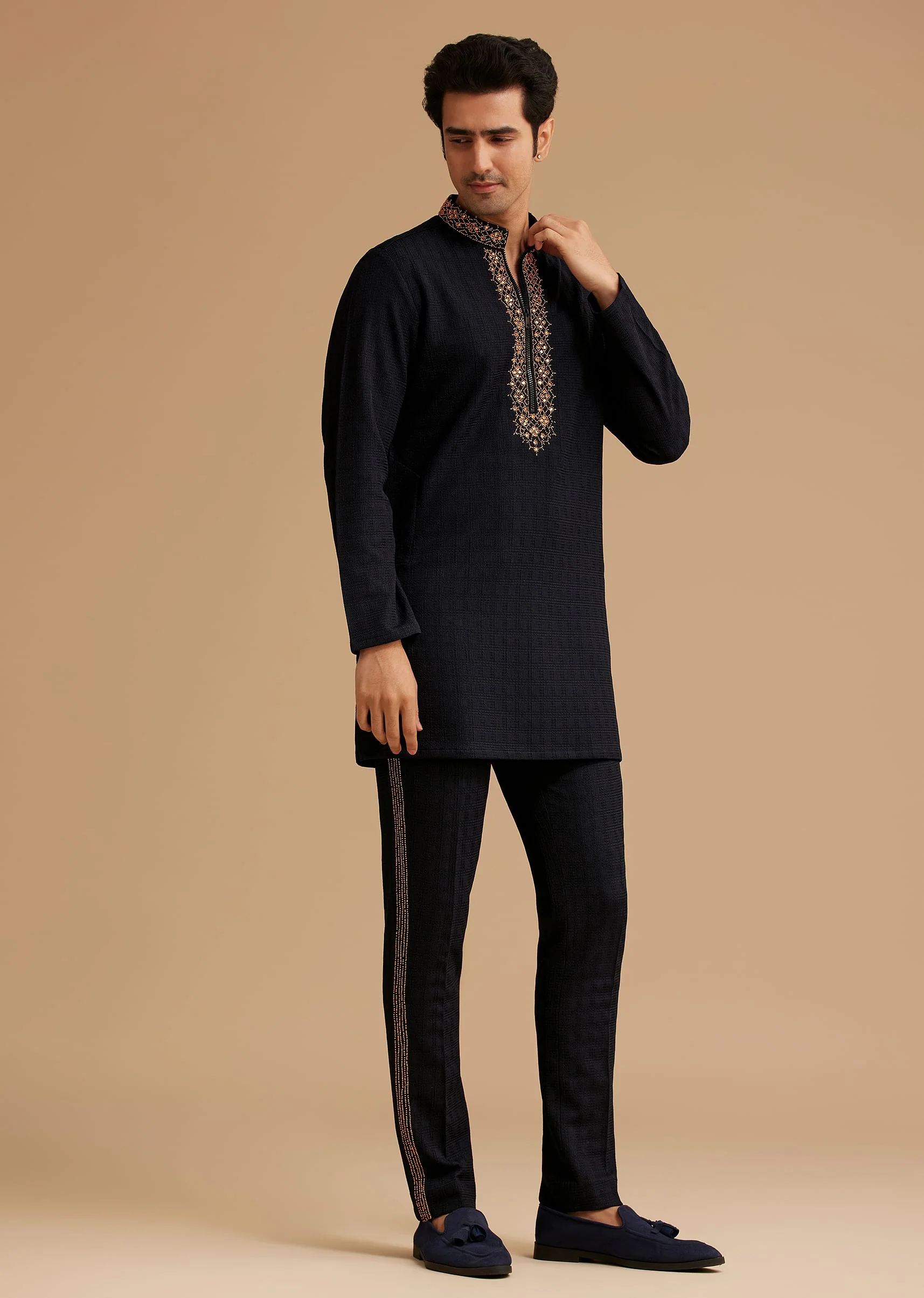 Blue Kurta Set With Moti And Mirror Embroidery - Image 3
