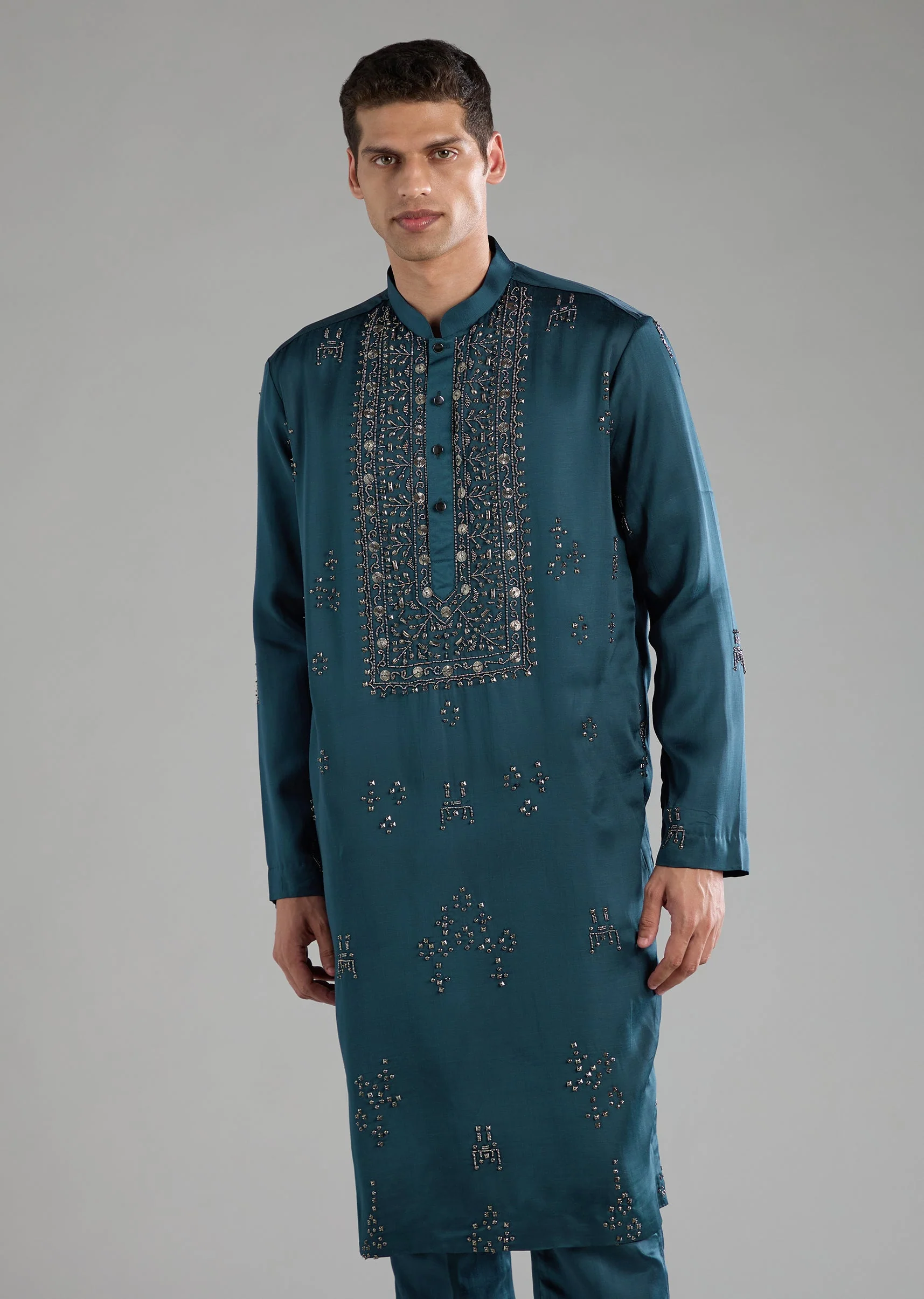 Blue Linen Blend Silk Embroidered Mens Kurta Set - Image 6