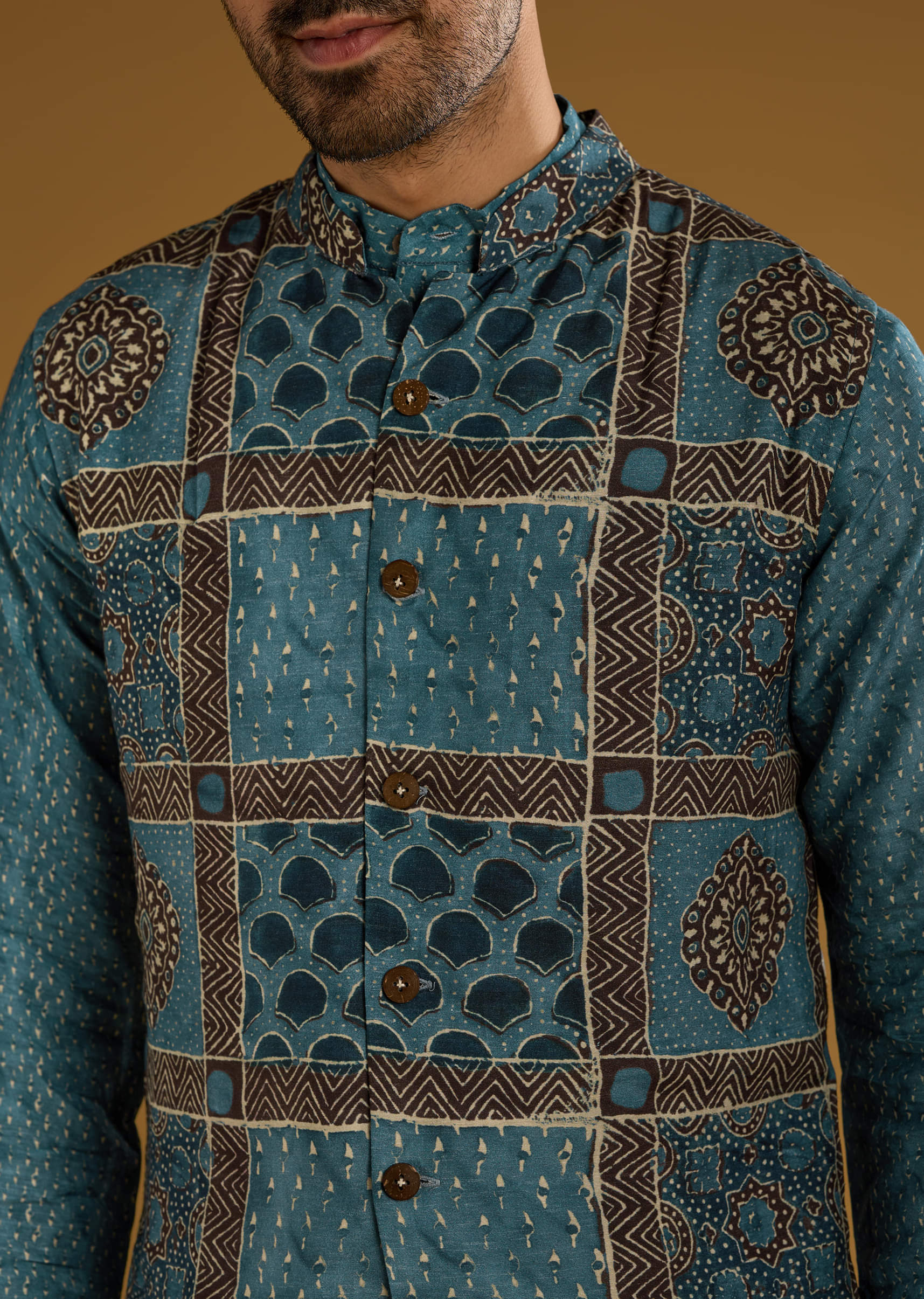 Blue Linen Kurta Jacket Set For Men With Hand Block Ajrakh Print - Image 2