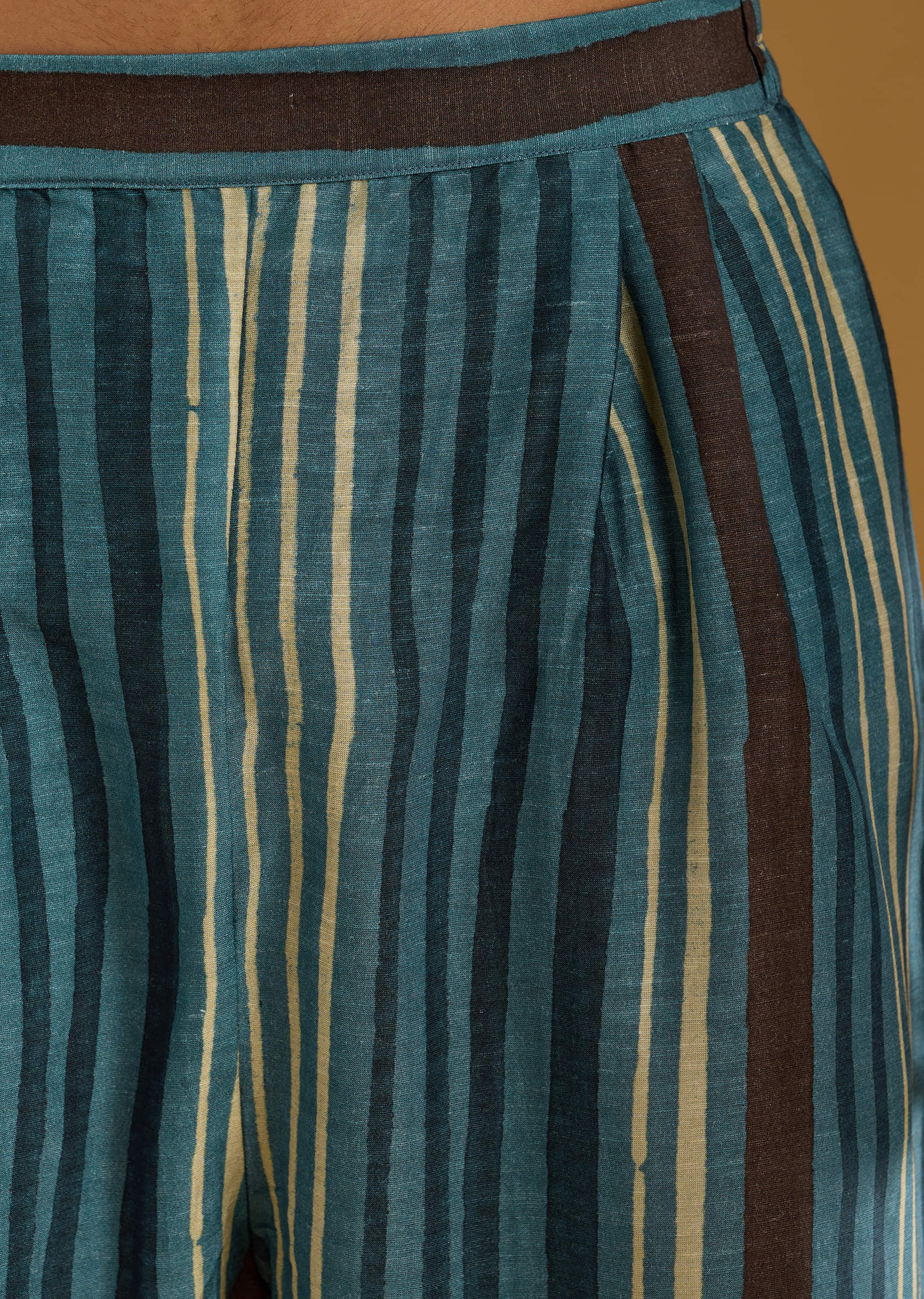 Blue Linen Kurta Jacket Set For Men With Hand Block Ajrakh Print - Image 7