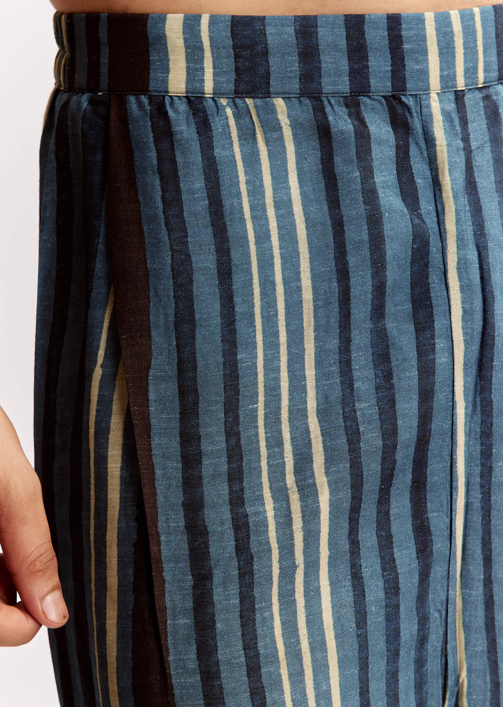 Blue Linen Kurta Jacket Set With Ajrakh Print - Image 7