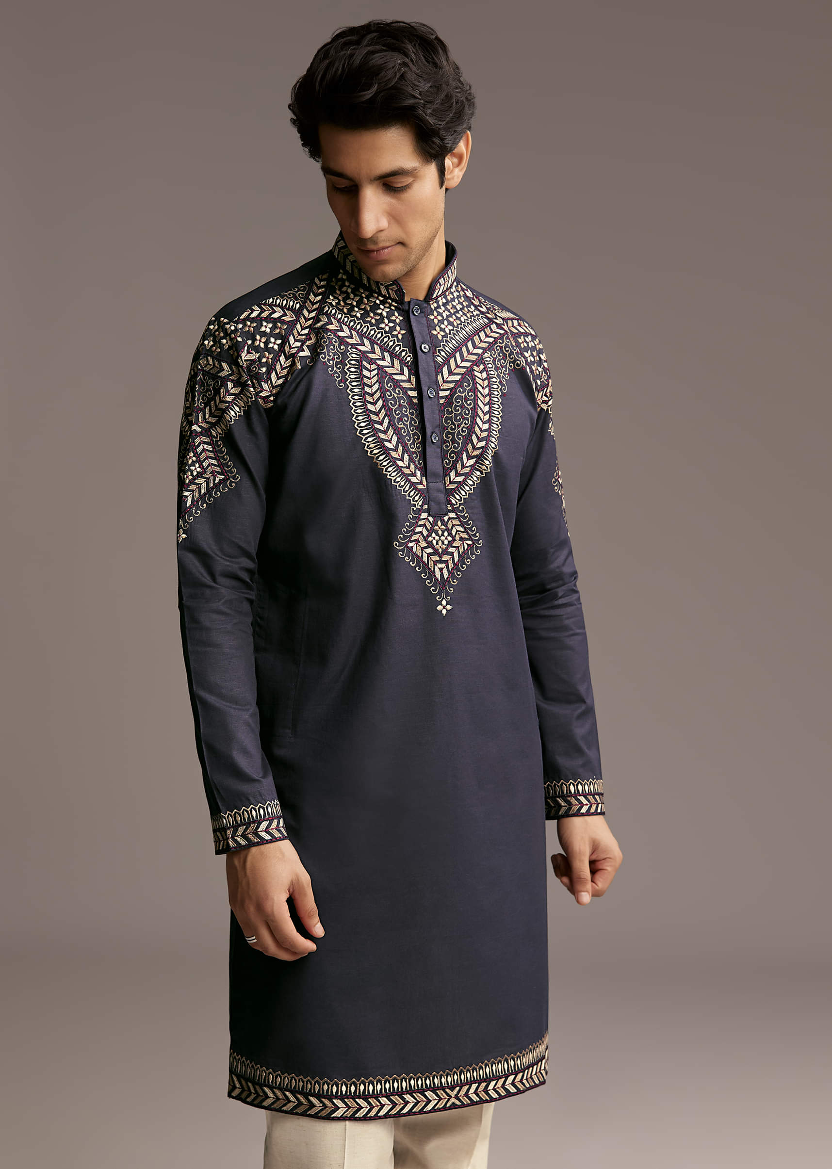 Blue Linen Kurta Set For Men With Resham Embroidery - Image 4