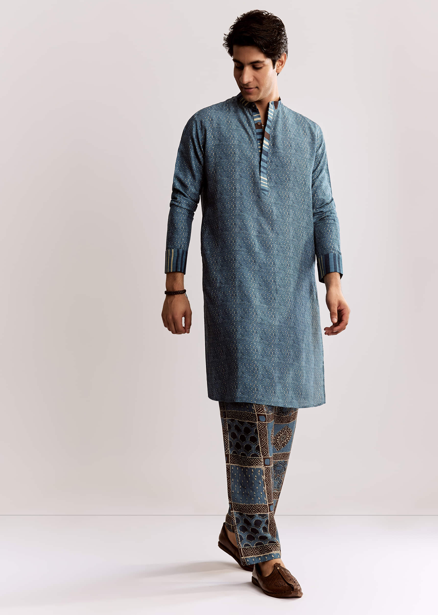 Blue Linen Kurta Set With Ajrakh Print - Image 2