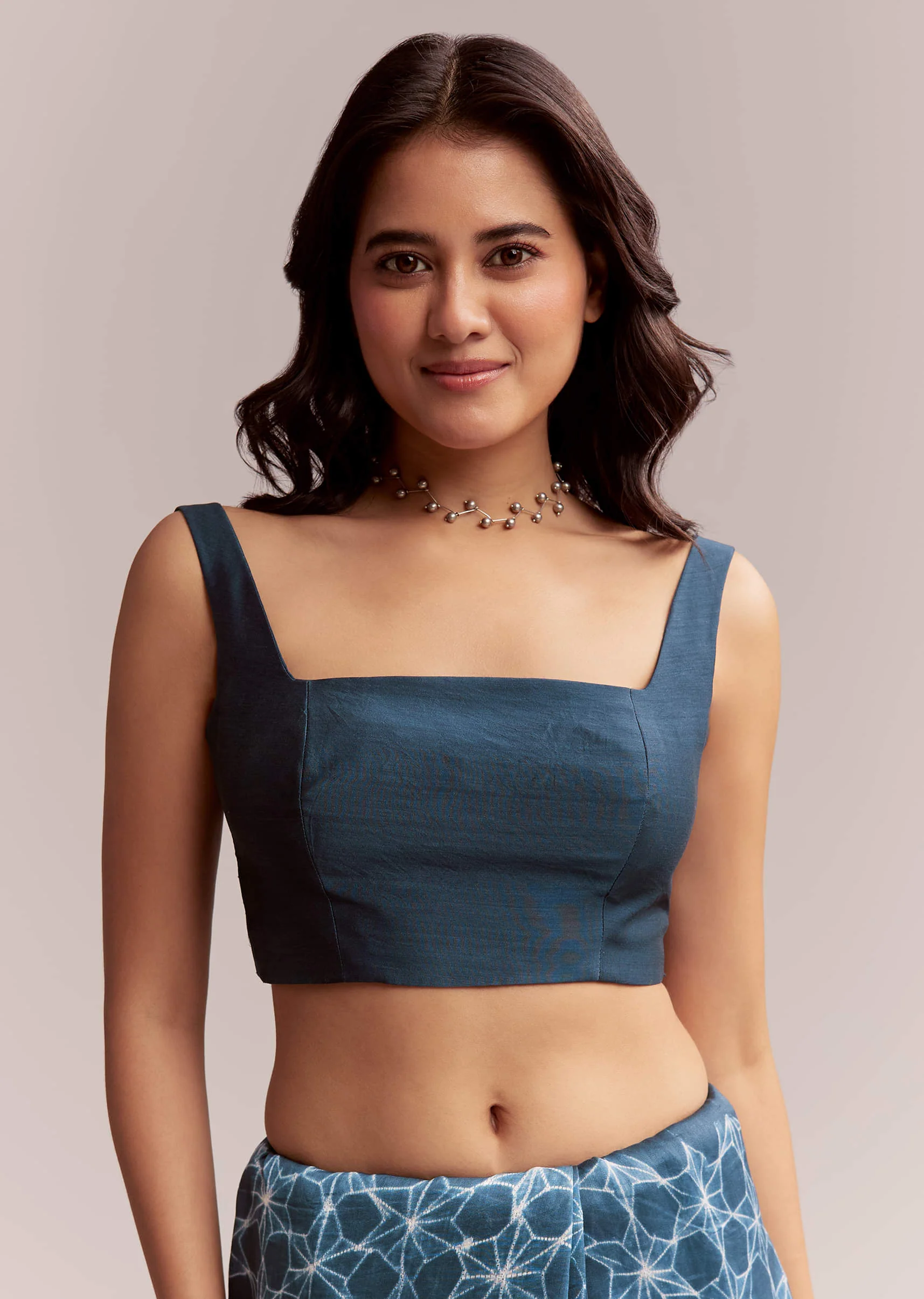 Blue Linen Printed Saree With Hand Dyed Shibori Print - Image 7