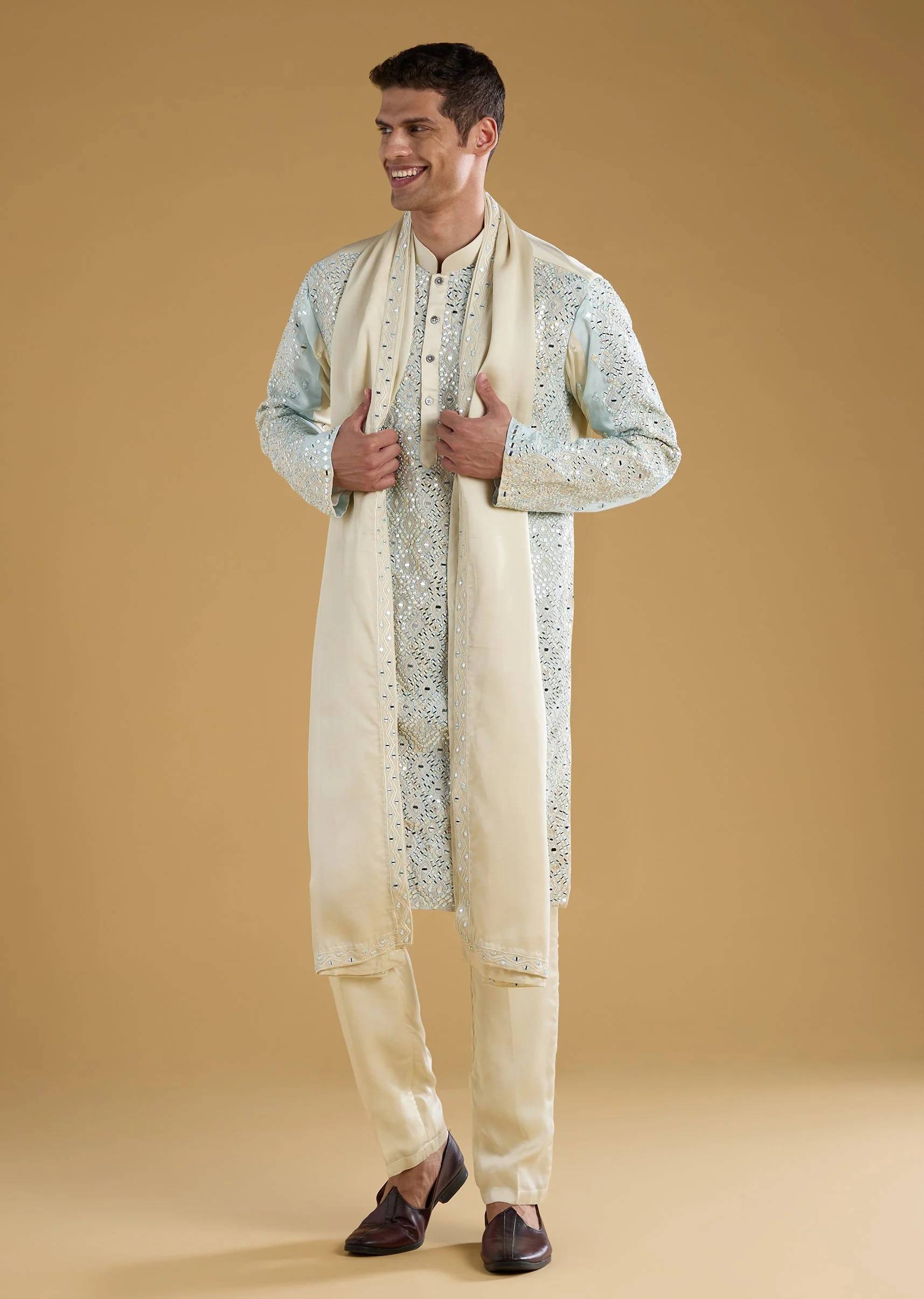 Blue Linen Silk Blend Mens Kurta Set - Image 3