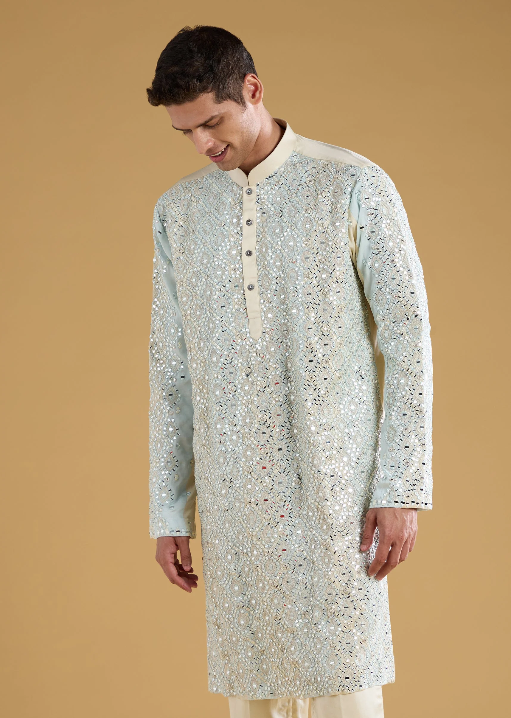 Blue Linen Silk Blend Mens Kurta Set - Image 5