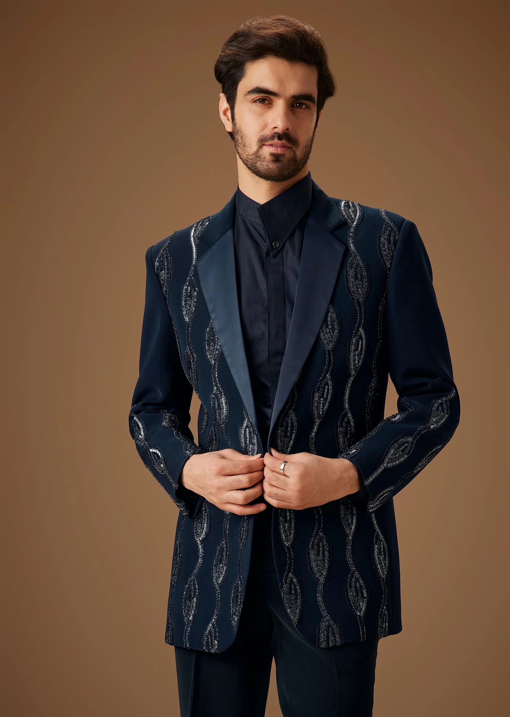 Blue Linen Tuxedo With Hand Embroidery - Image 4