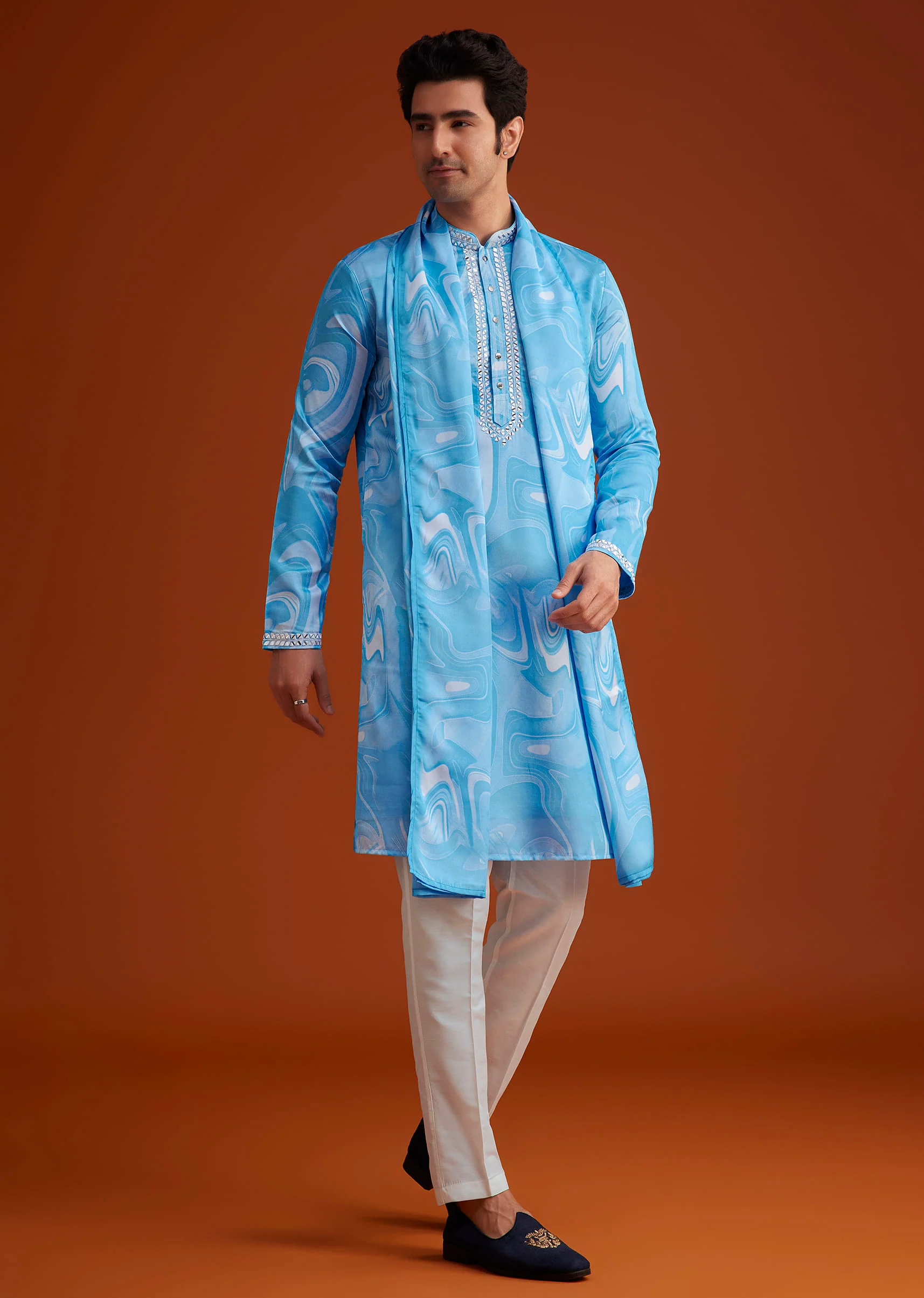 Blue Marble Printed Kurta Set - Image 3