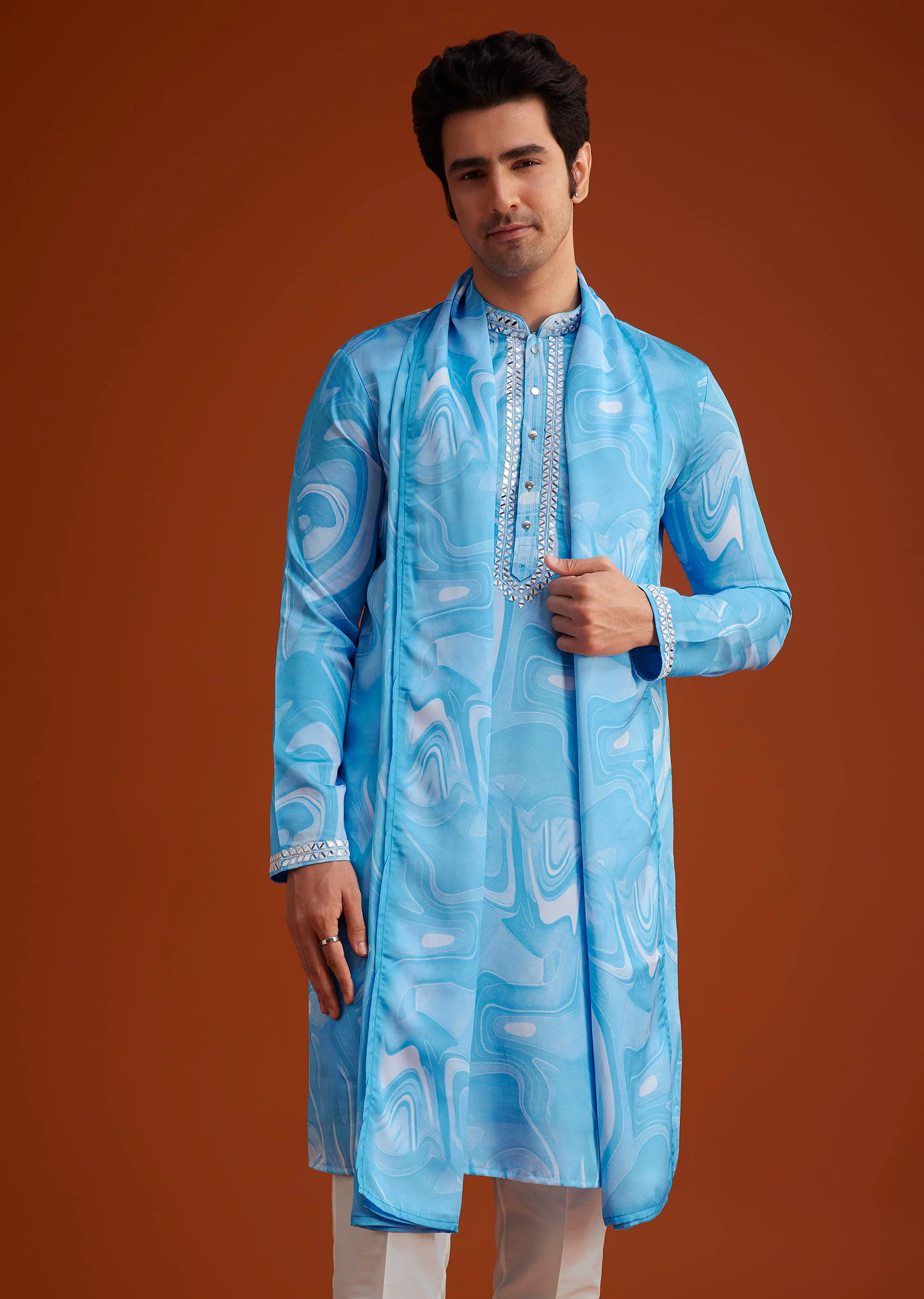 Blue Marble Printed Kurta Set - Image 4