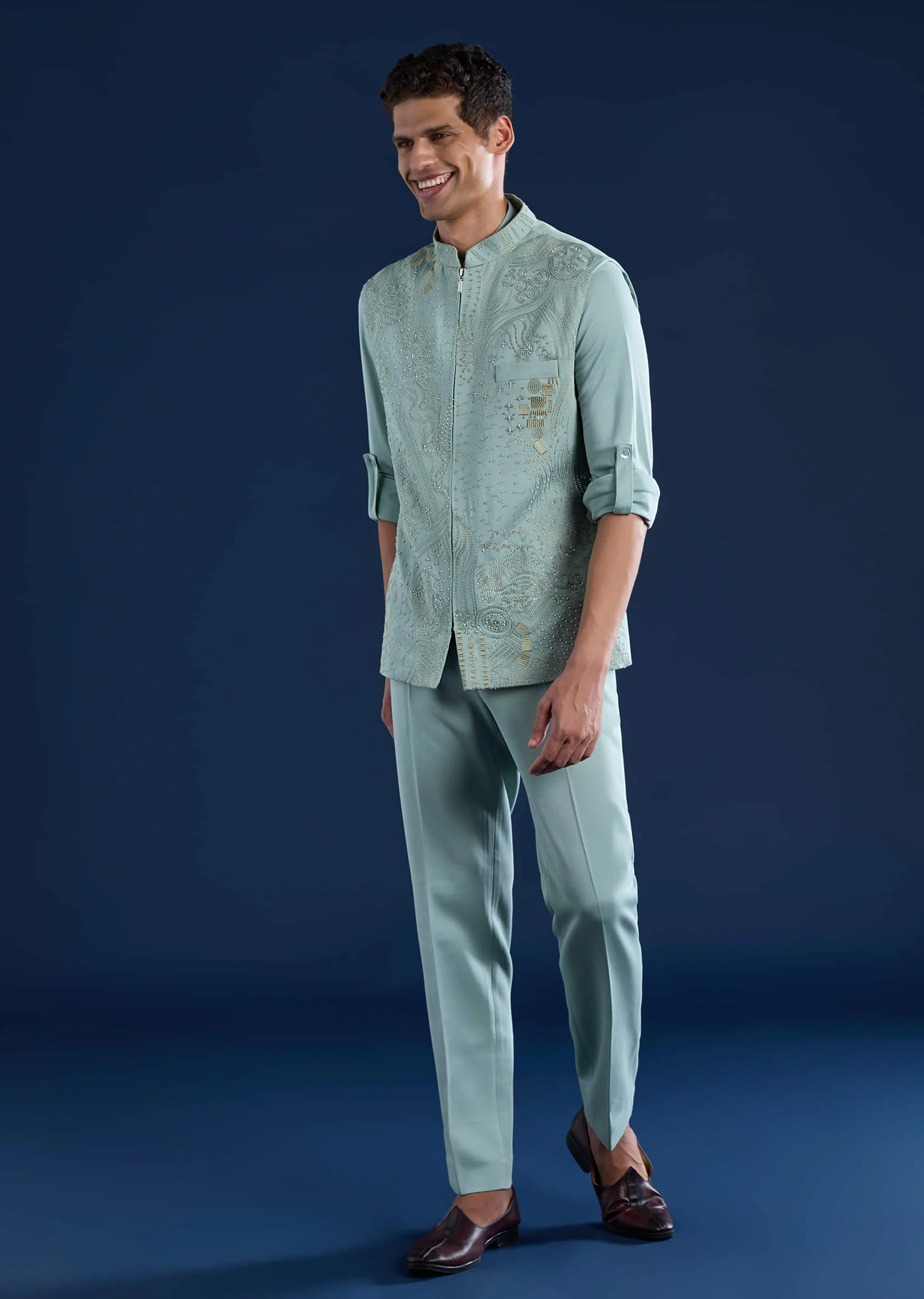 Blue Mens Cutdana Work Jacket Kurta and Pant Set - Image 3
