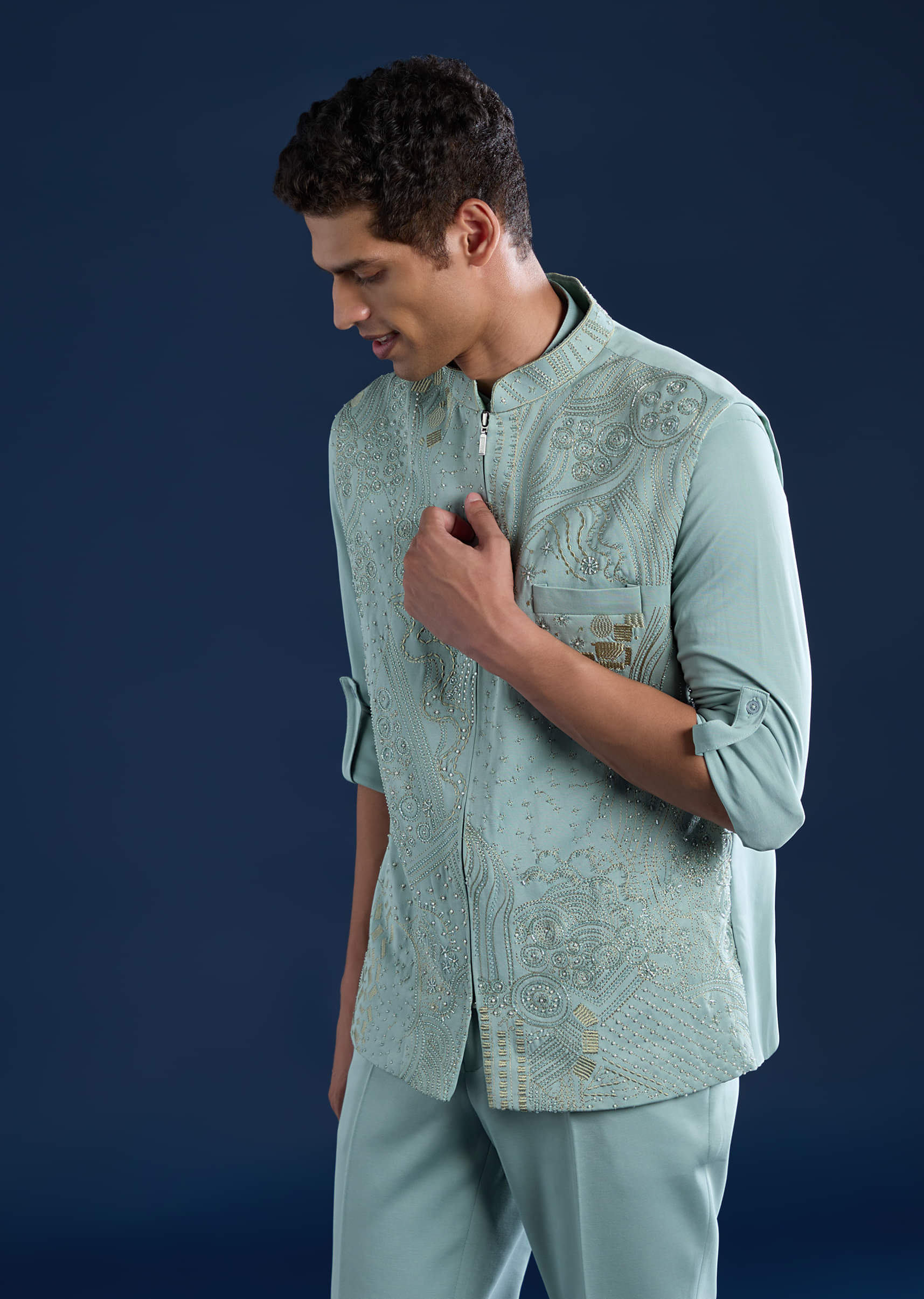 Blue Mens Cutdana Work Jacket Kurta and Pant Set - Image 4