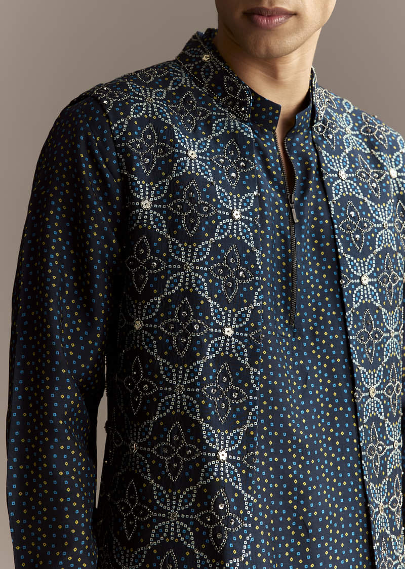 Blue Mirror Work Jacket Set