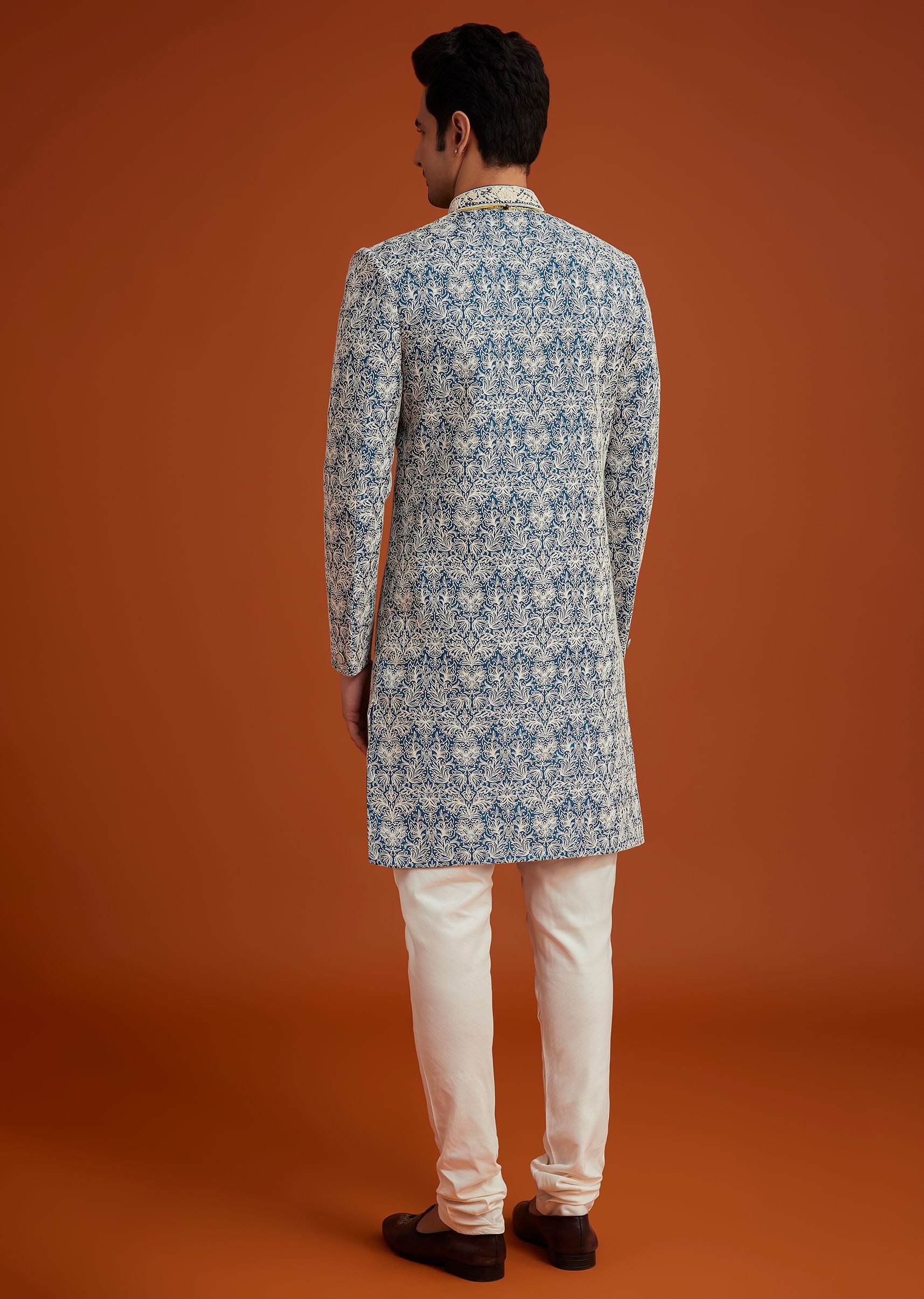 Blue Monga Silk Sherwani With Embroidery And Beadwork - Image 5