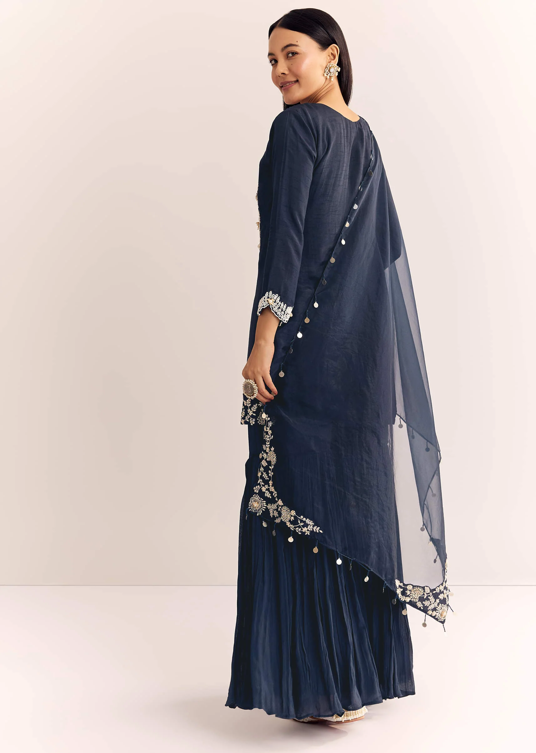 Blue Moti Threadwork Dola Silk Sharara Suit With Organza Dupatta - Image 5