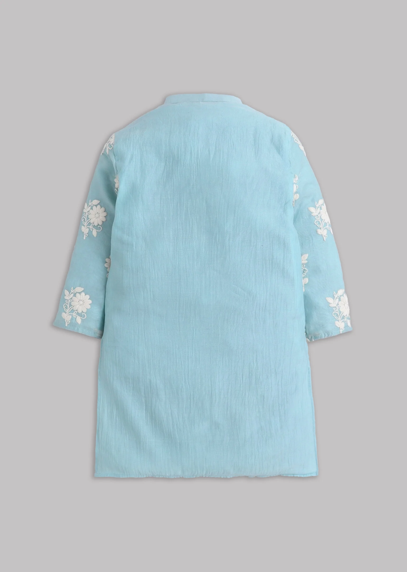 Blue Mul Chanderi Embroidered Kurta Set With Mandarin Collar - Image 3