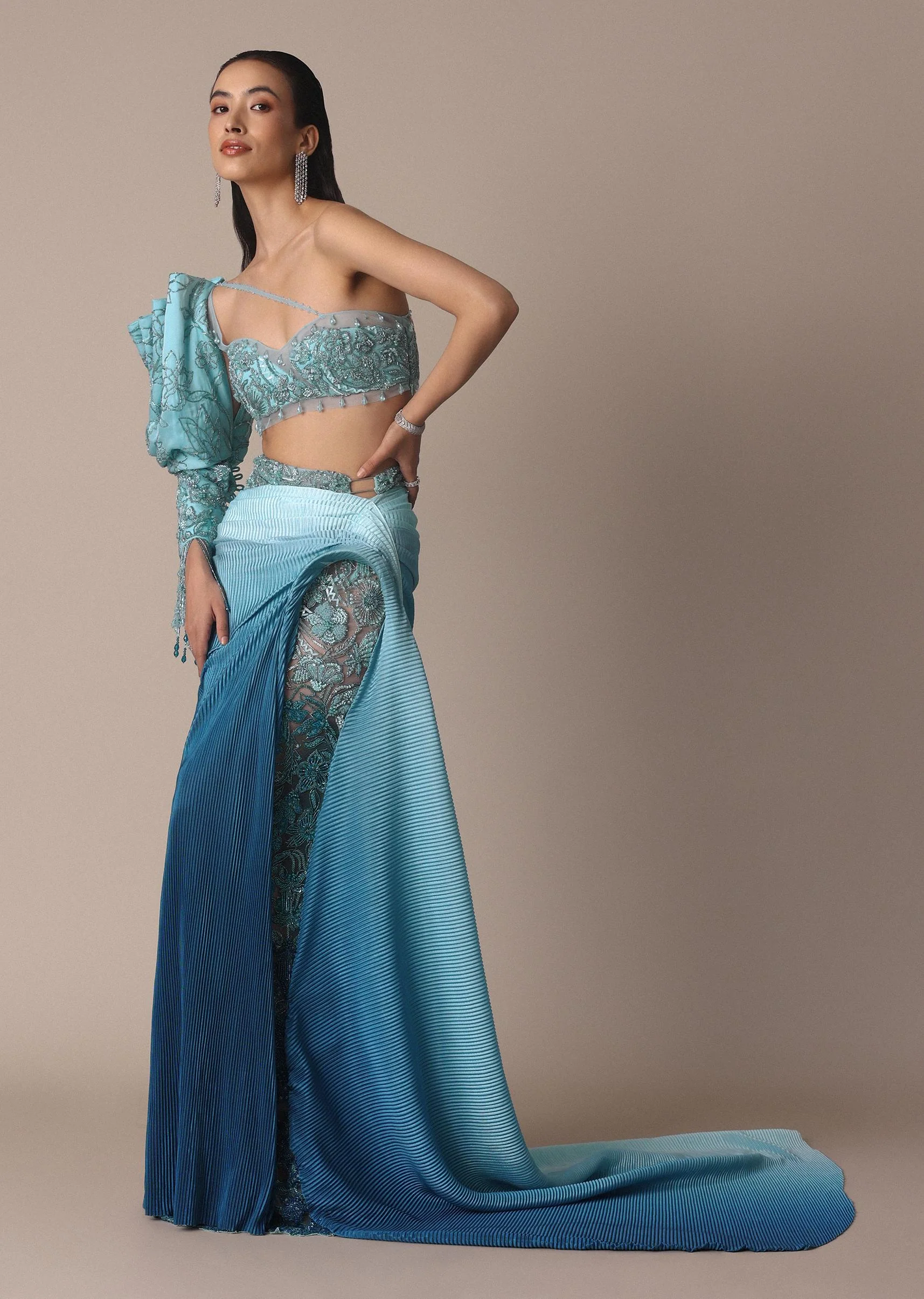 Blue Ombre Asymmetric Slit Trail Skirt And Balloon Sleeve Blouse - Image 7