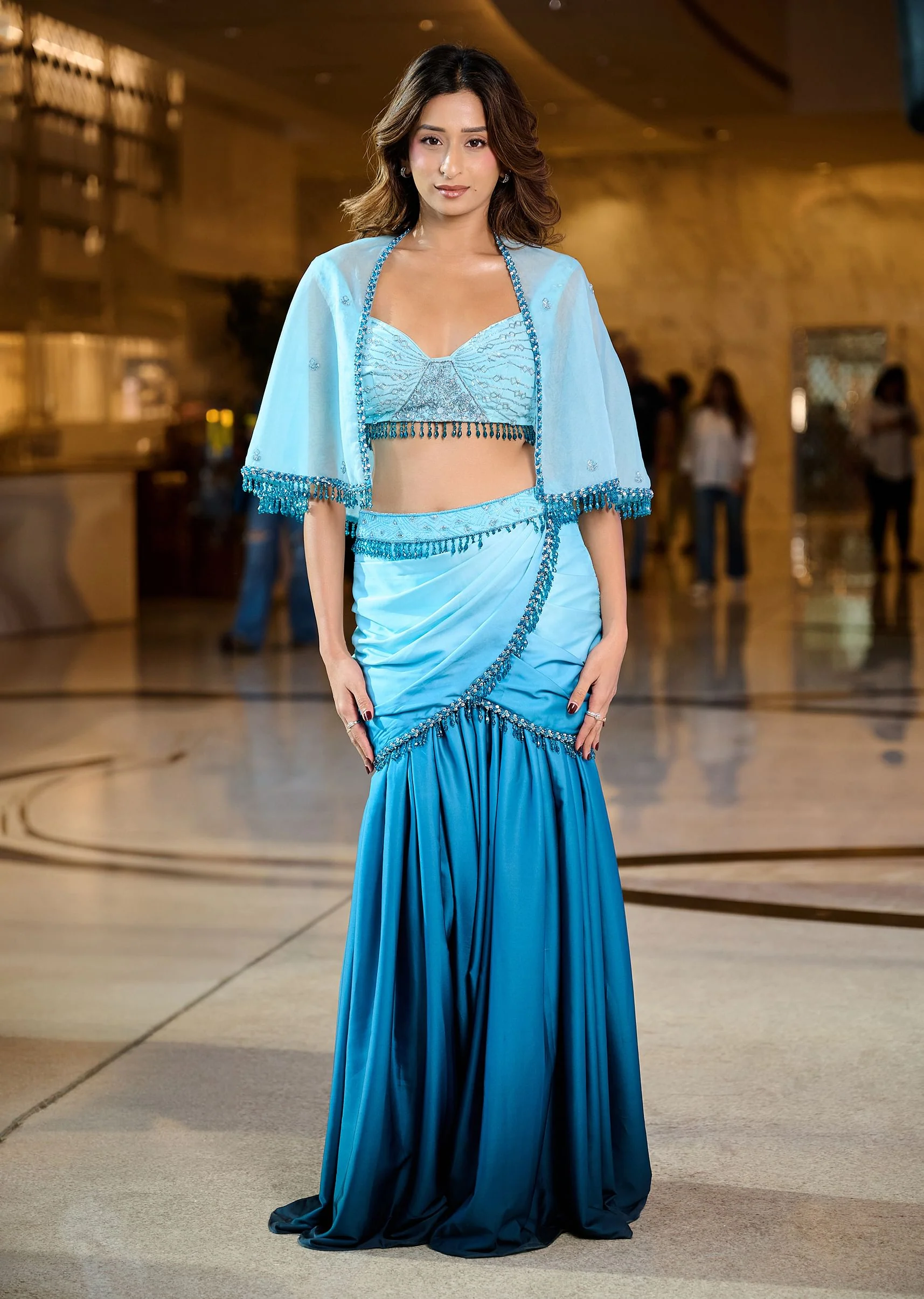 Blue Ombre Draped Skirt With Blouse And Tassel Lace Cape - Image 2