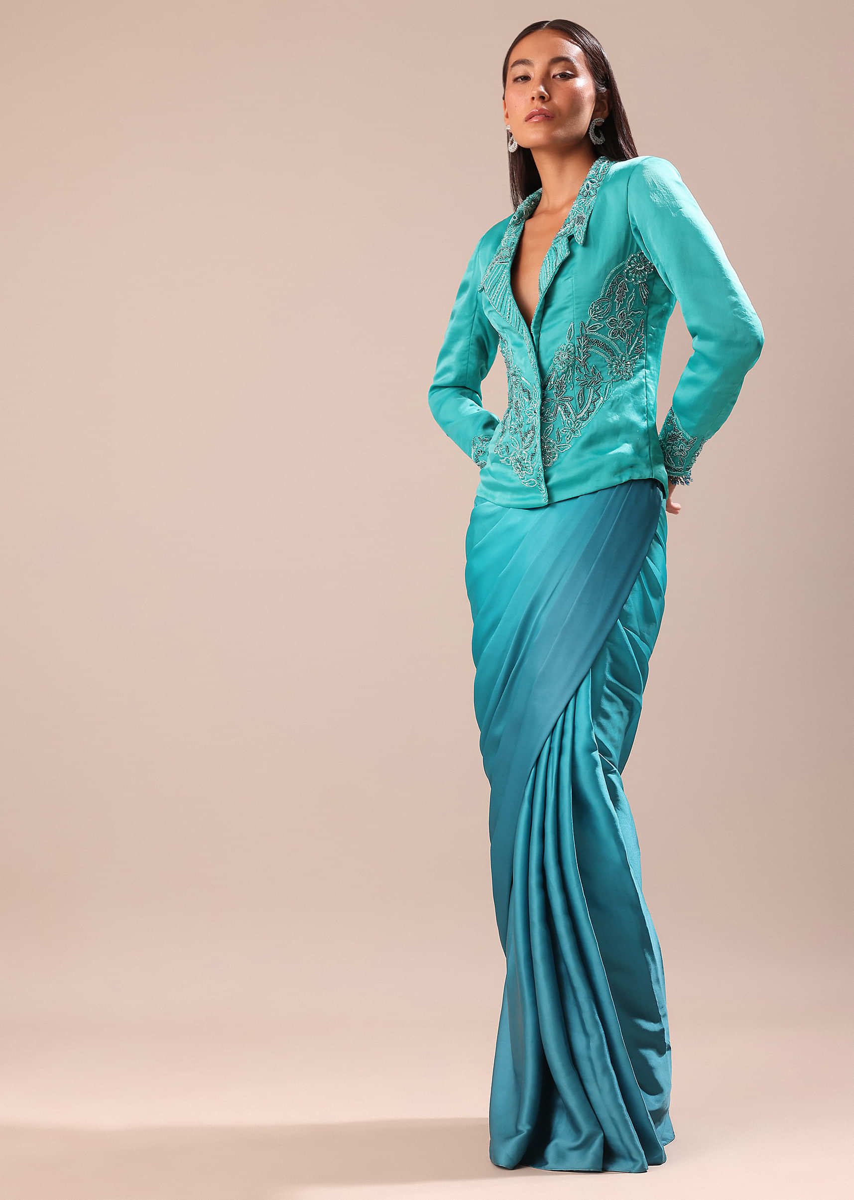 Blue Ombre Draped Skirt WIth Embroidered Jacket - Image 3