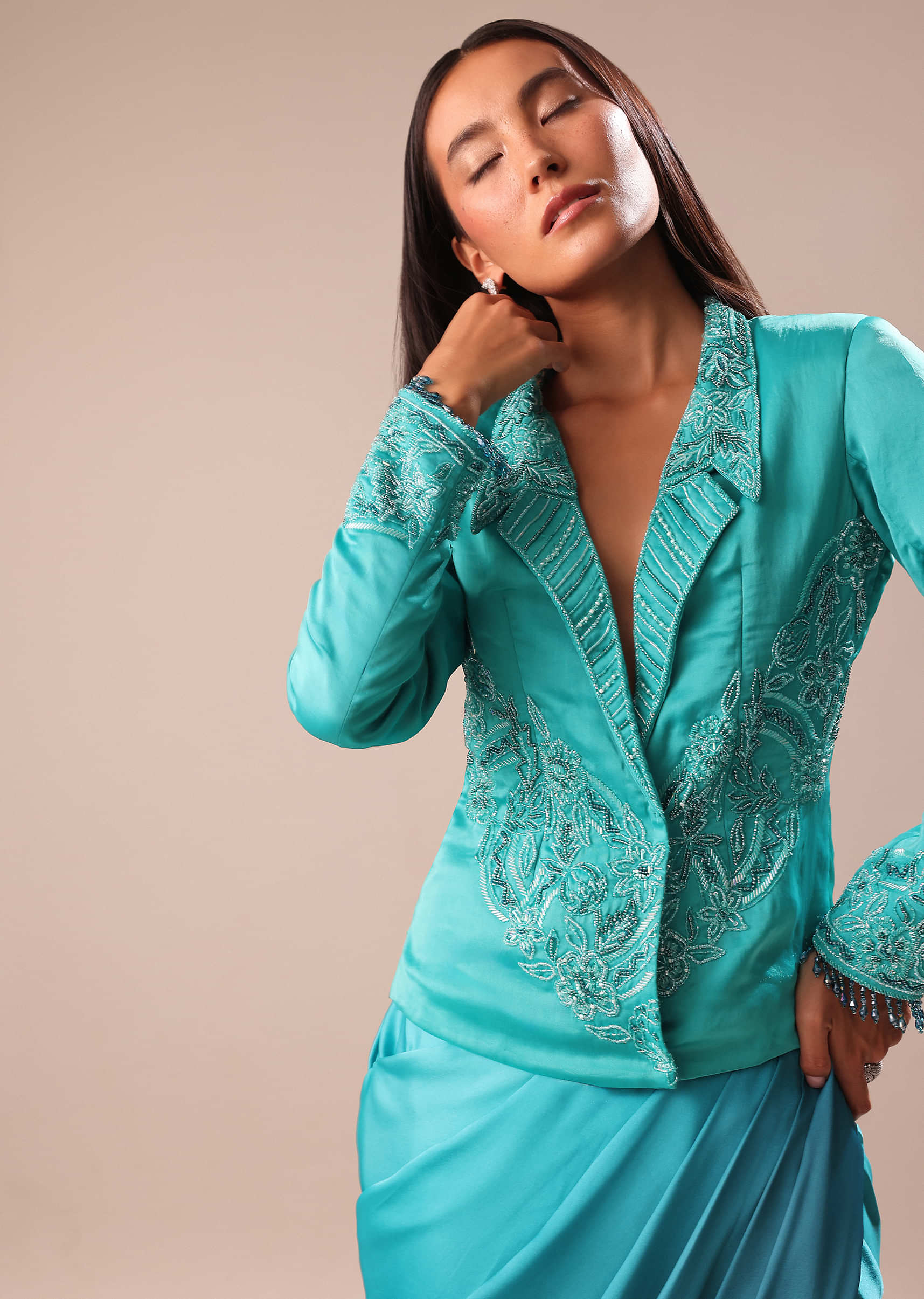 Blue Ombre Draped Skirt WIth Embroidered Jacket - Image 4