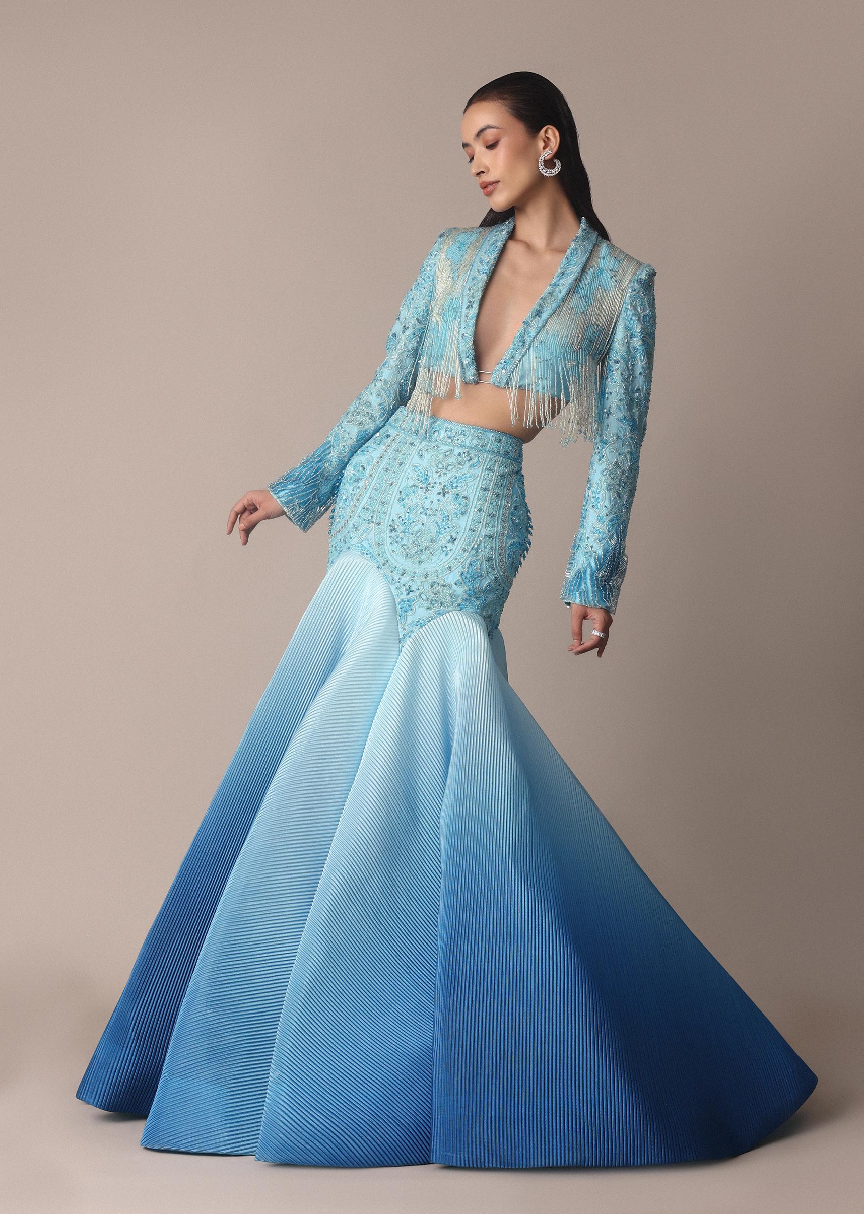 Blue Ombre Organza Fishcut Skirt With Tassel Short Jacket - Image 2
