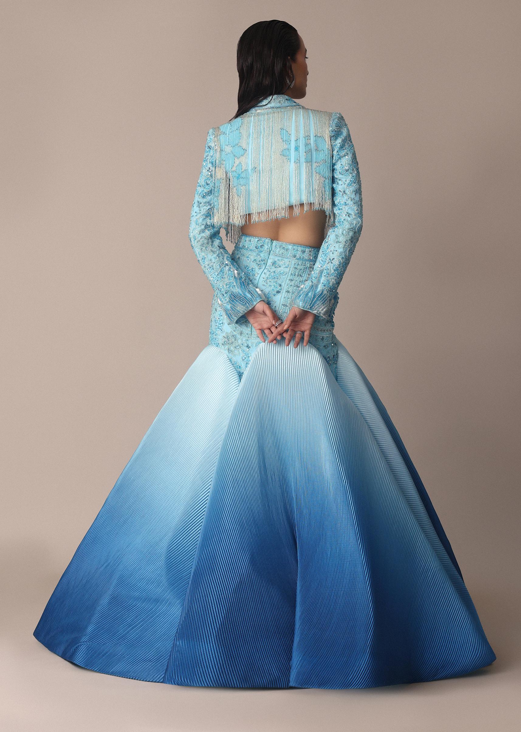 Blue Ombre Organza Fishcut Skirt With Tassel Short Jacket - Image 3