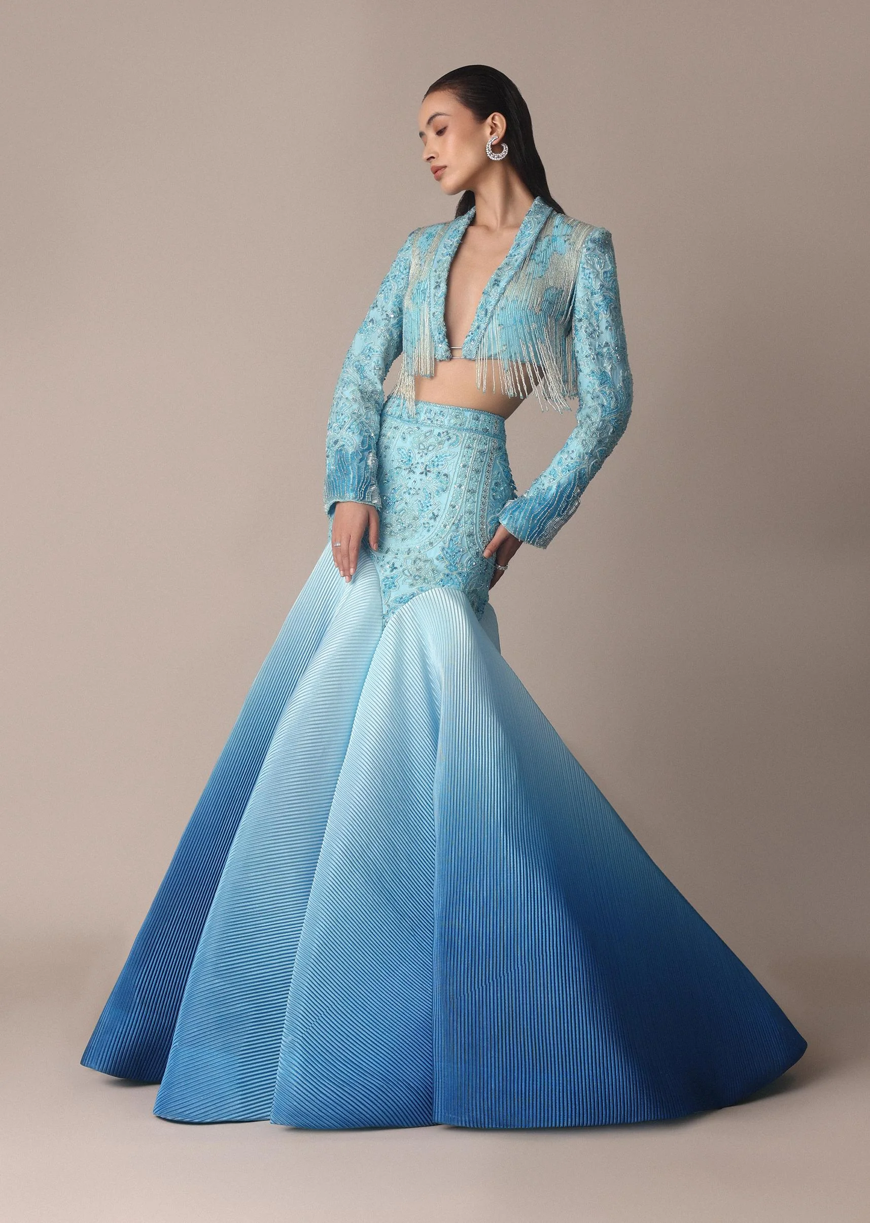 Blue Ombre Organza Fishcut Skirt With Tassel Short Jacket - Image 4