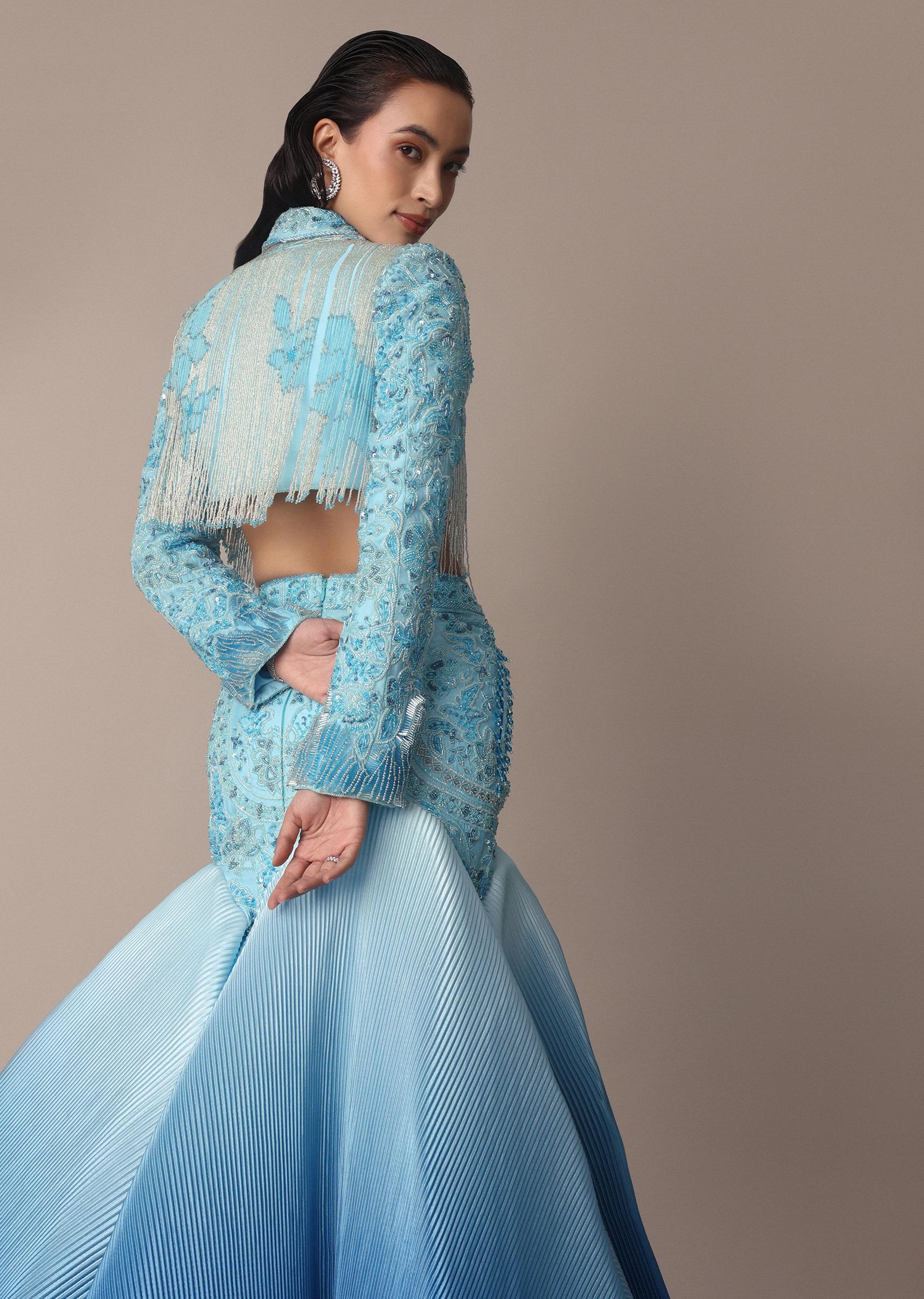 Blue Ombre Organza Fishcut Skirt With Tassel Short Jacket - Image 6