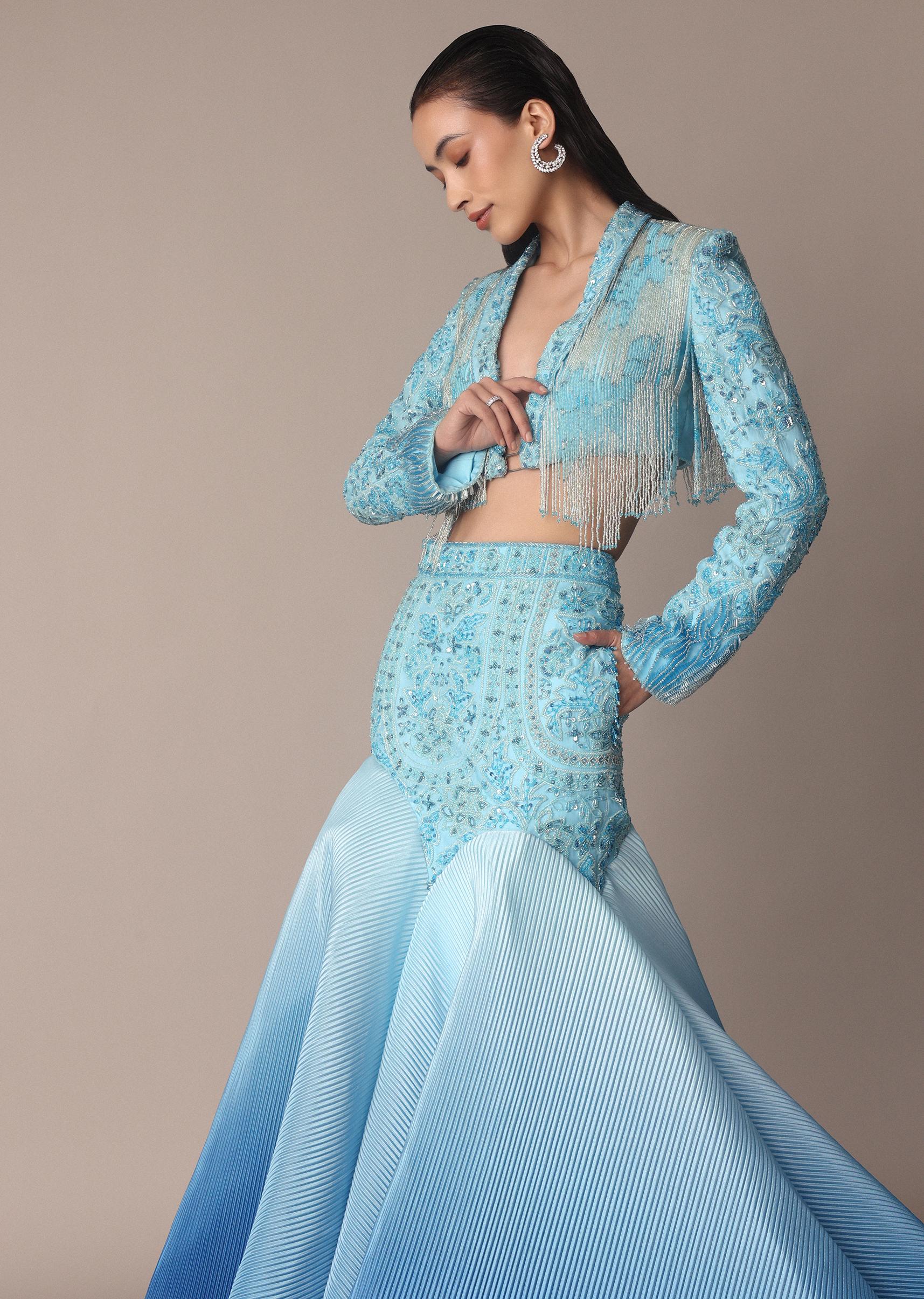 Blue Ombre Organza Fishcut Skirt With Tassel Short Jacket - Image 7