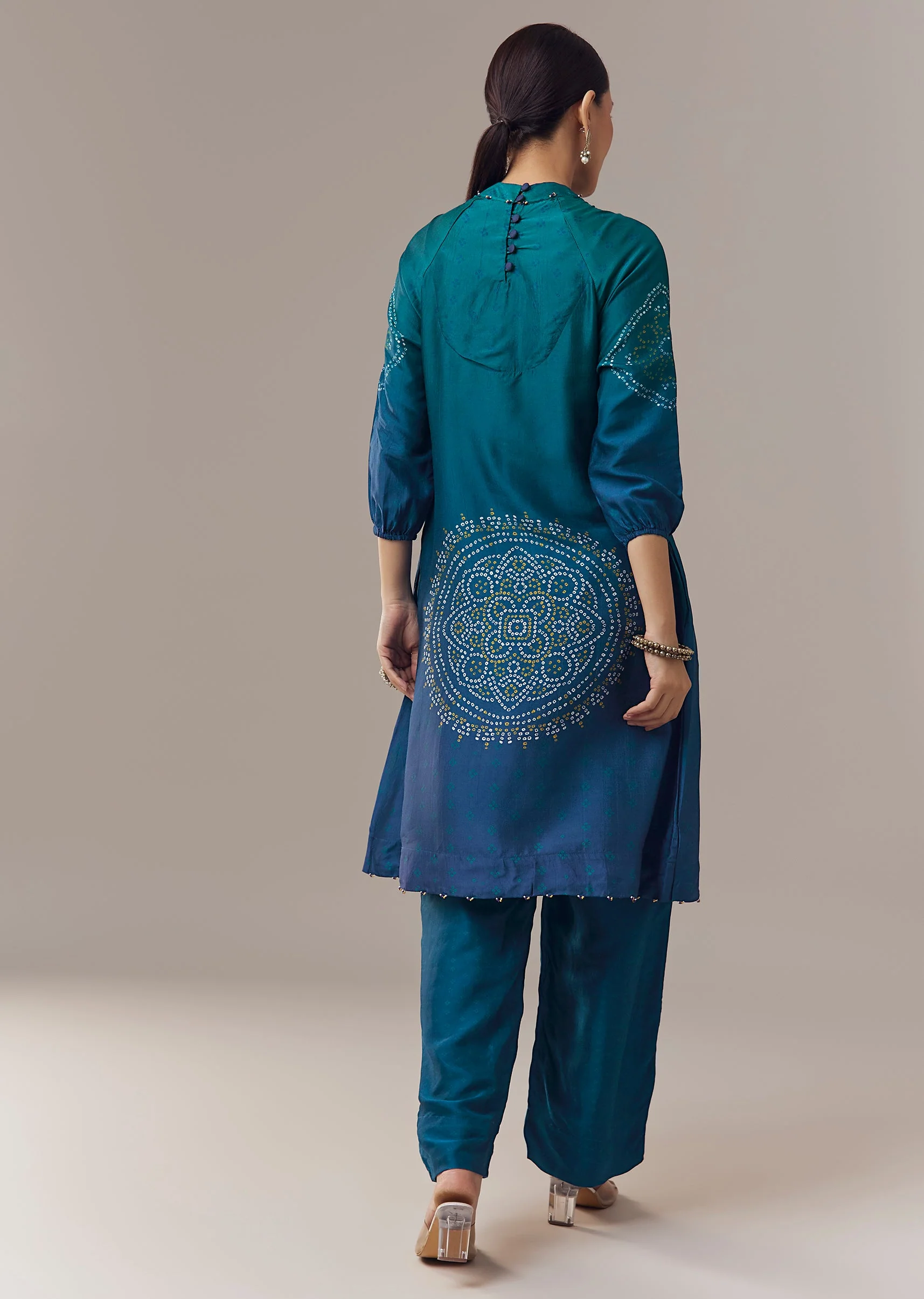 Blue Ombre Silk Coord Set With Bandhani Prints And Beads Work - Image 5