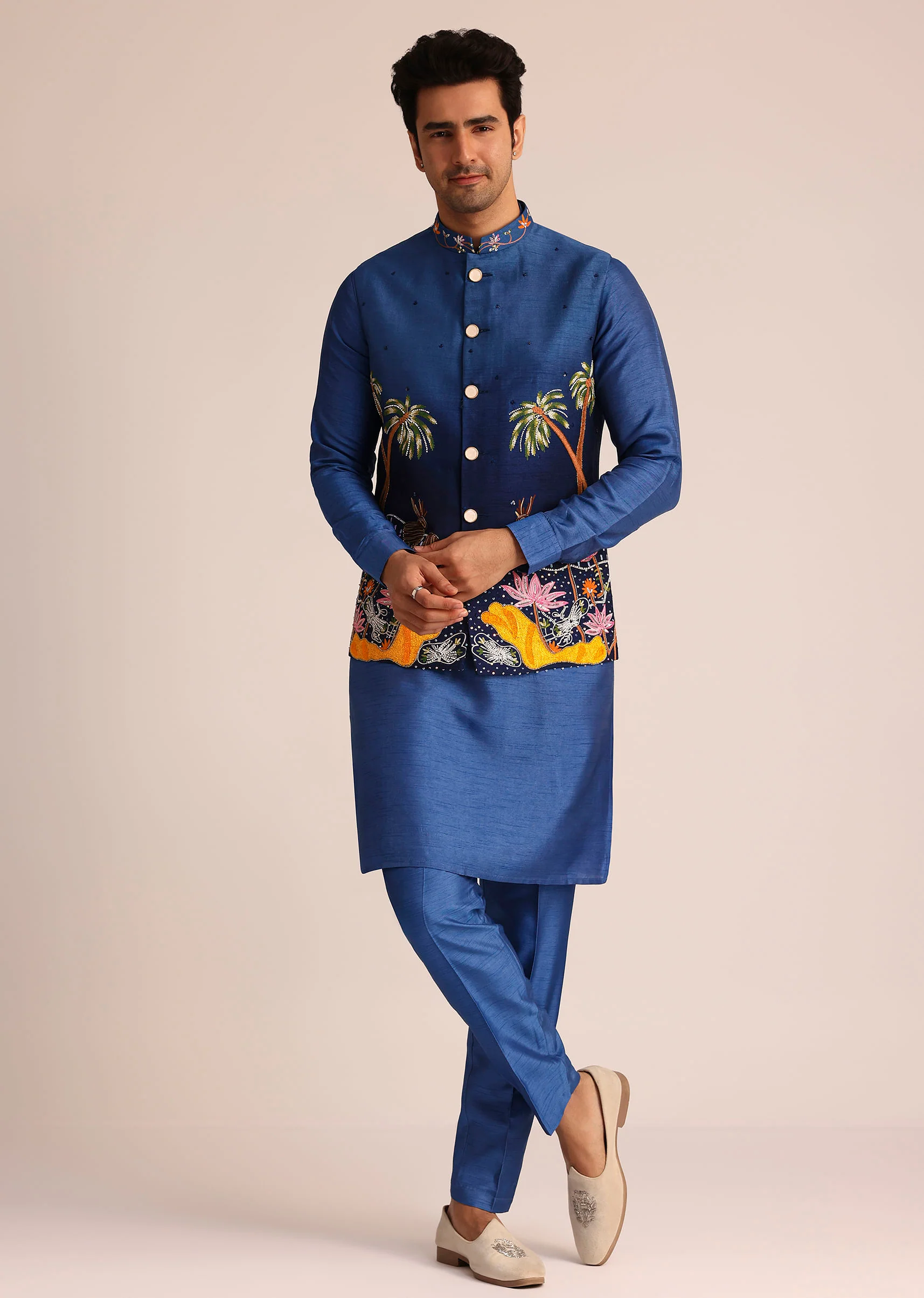 Blue Ombre Silk Jacket Set With Artistic Detailing