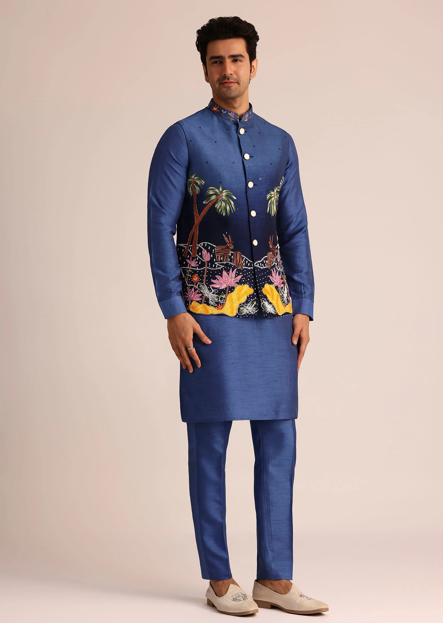 Blue Ombre Silk Jacket Set With Artistic Detailing - Image 3