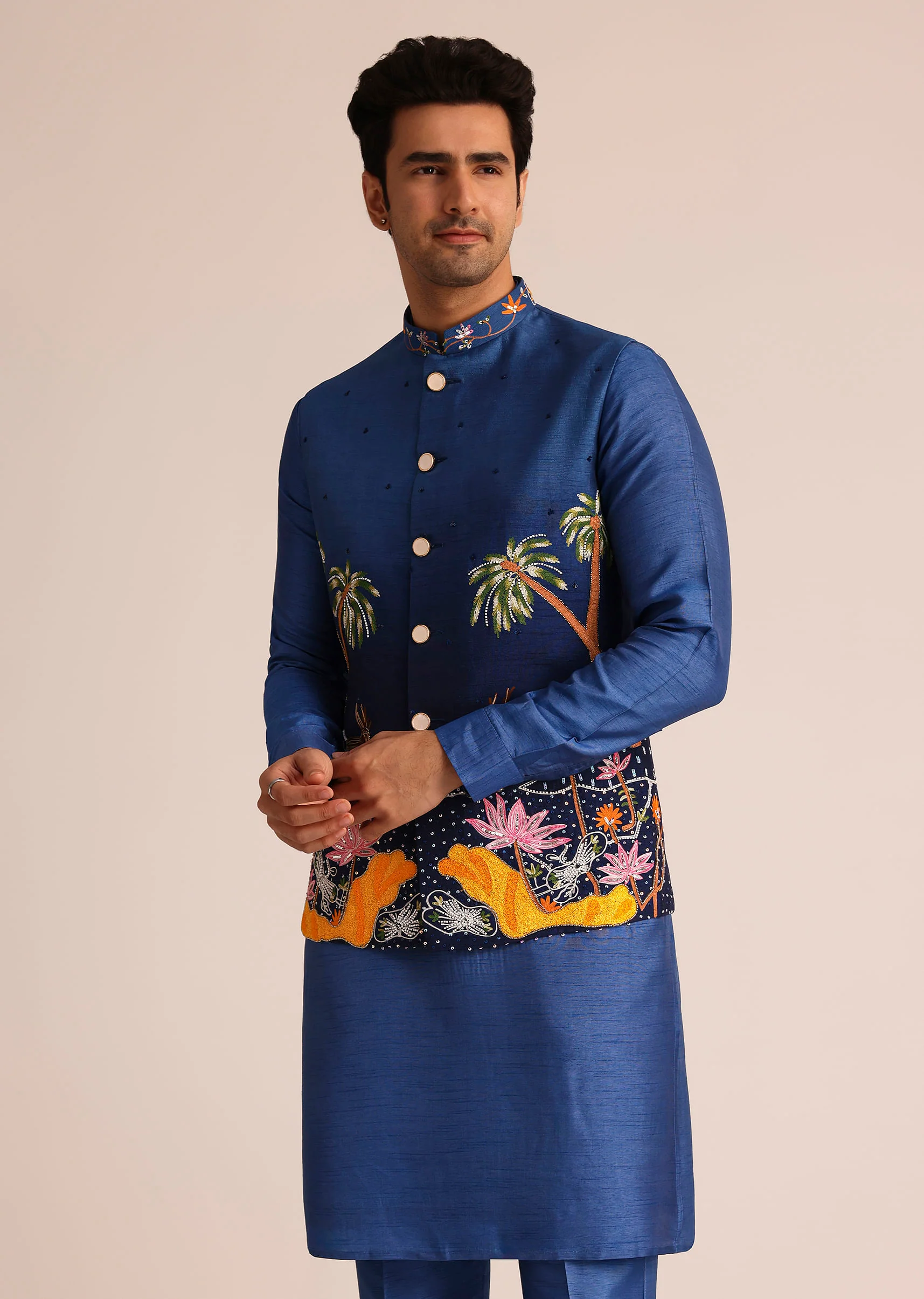 Blue Ombre Silk Jacket Set With Artistic Detailing - Image 4