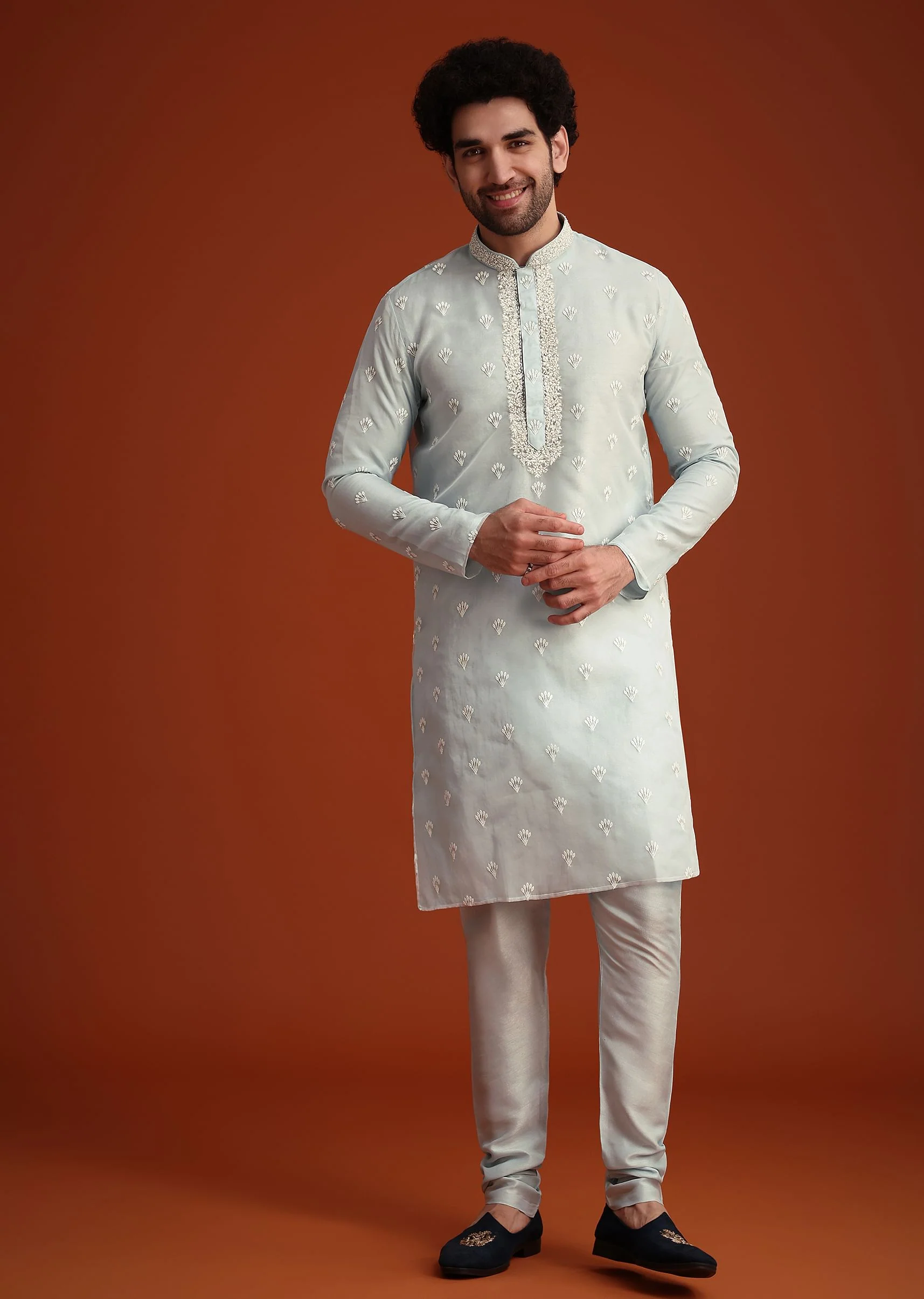 Blue Organza Aligarhi Kurta With Zari Embroidery - Image 2