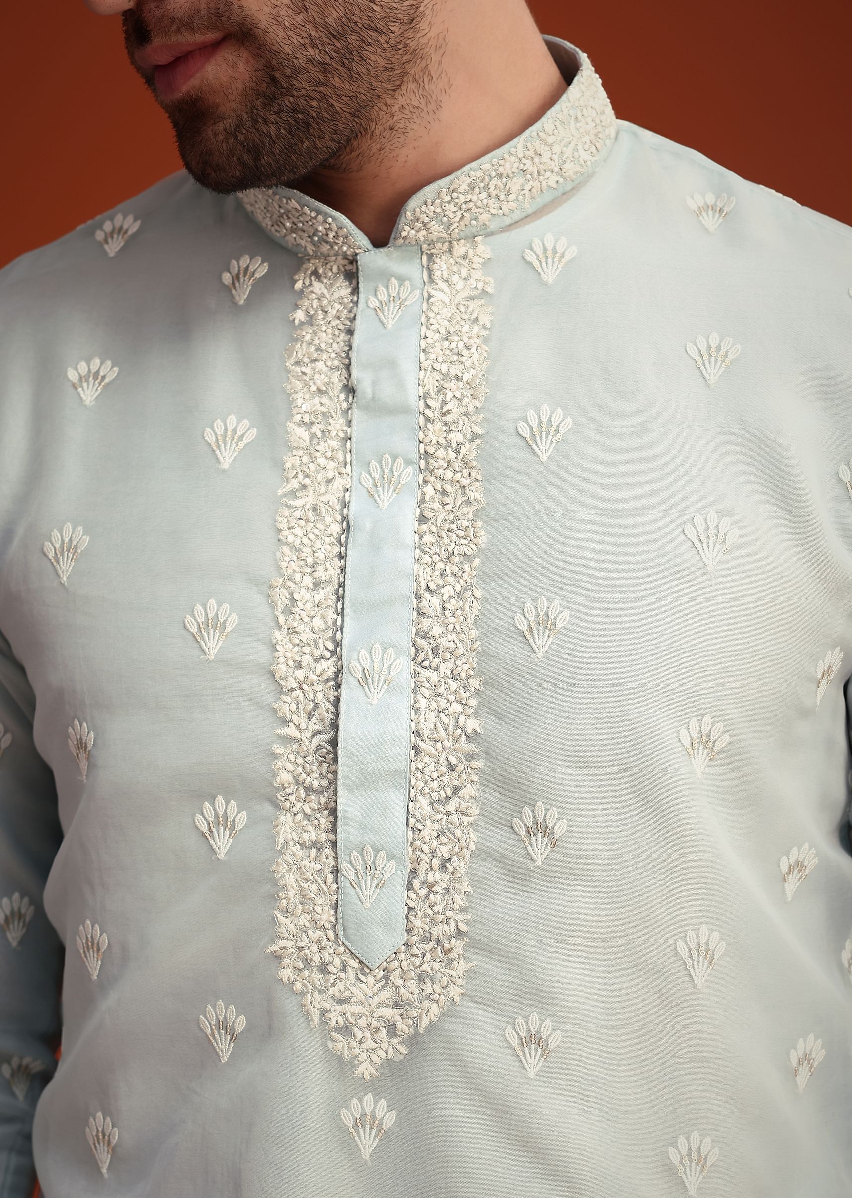 Blue Organza Aligarhi Kurta With Zari Embroidery - Image 3