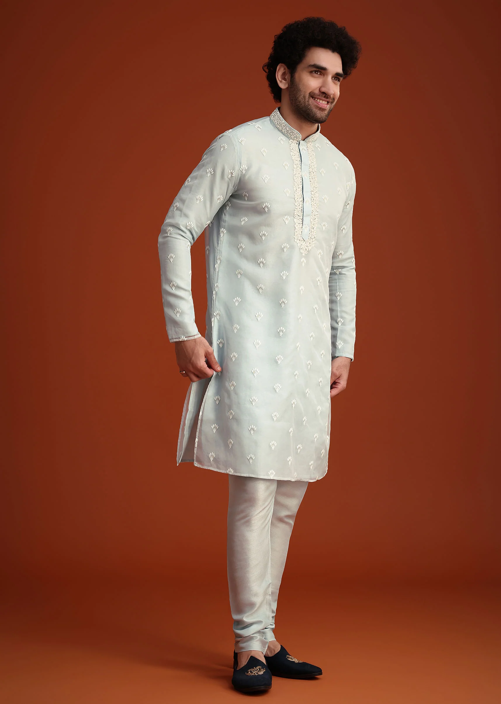 Blue Organza Aligarhi Kurta With Zari Embroidery - Image 4