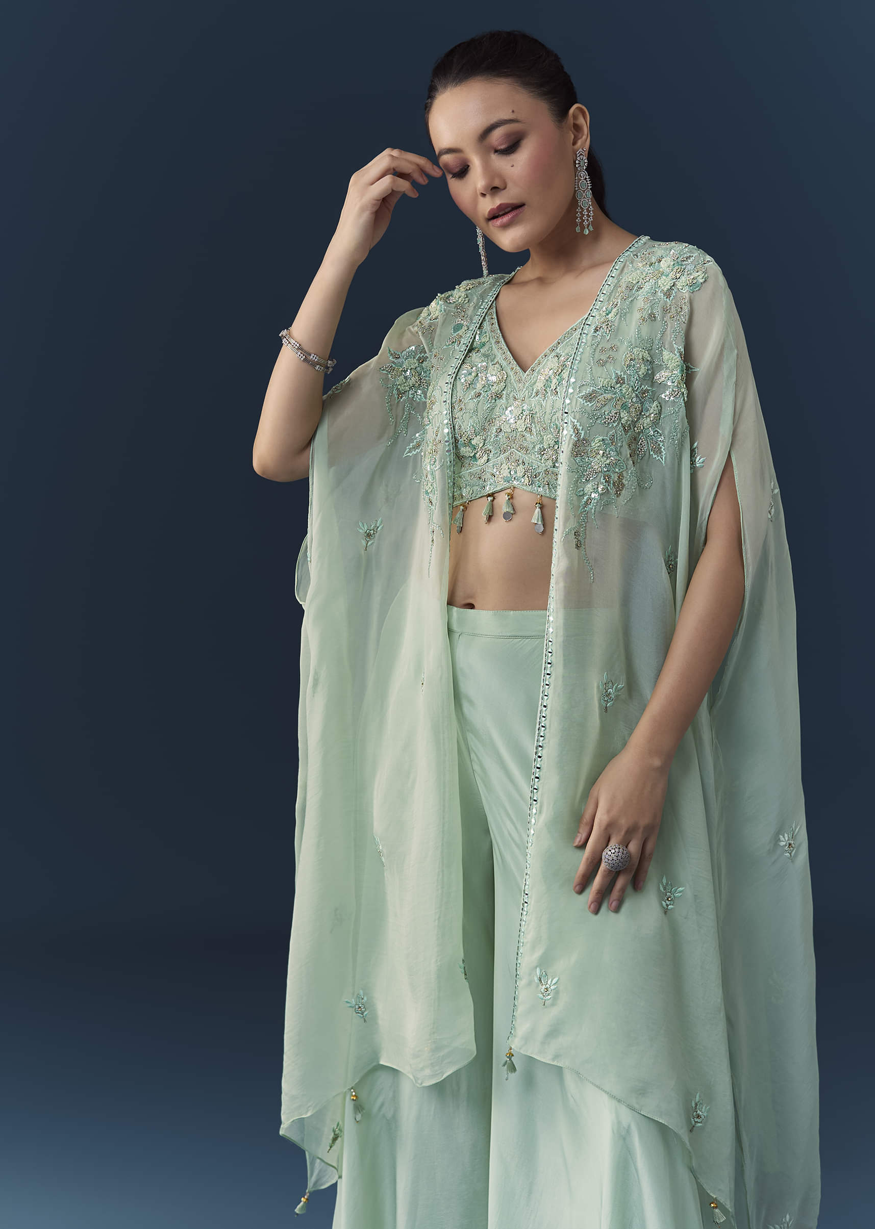 Blue Organza Embroidered Crop Top Palazzo Set with Cape - Image 4