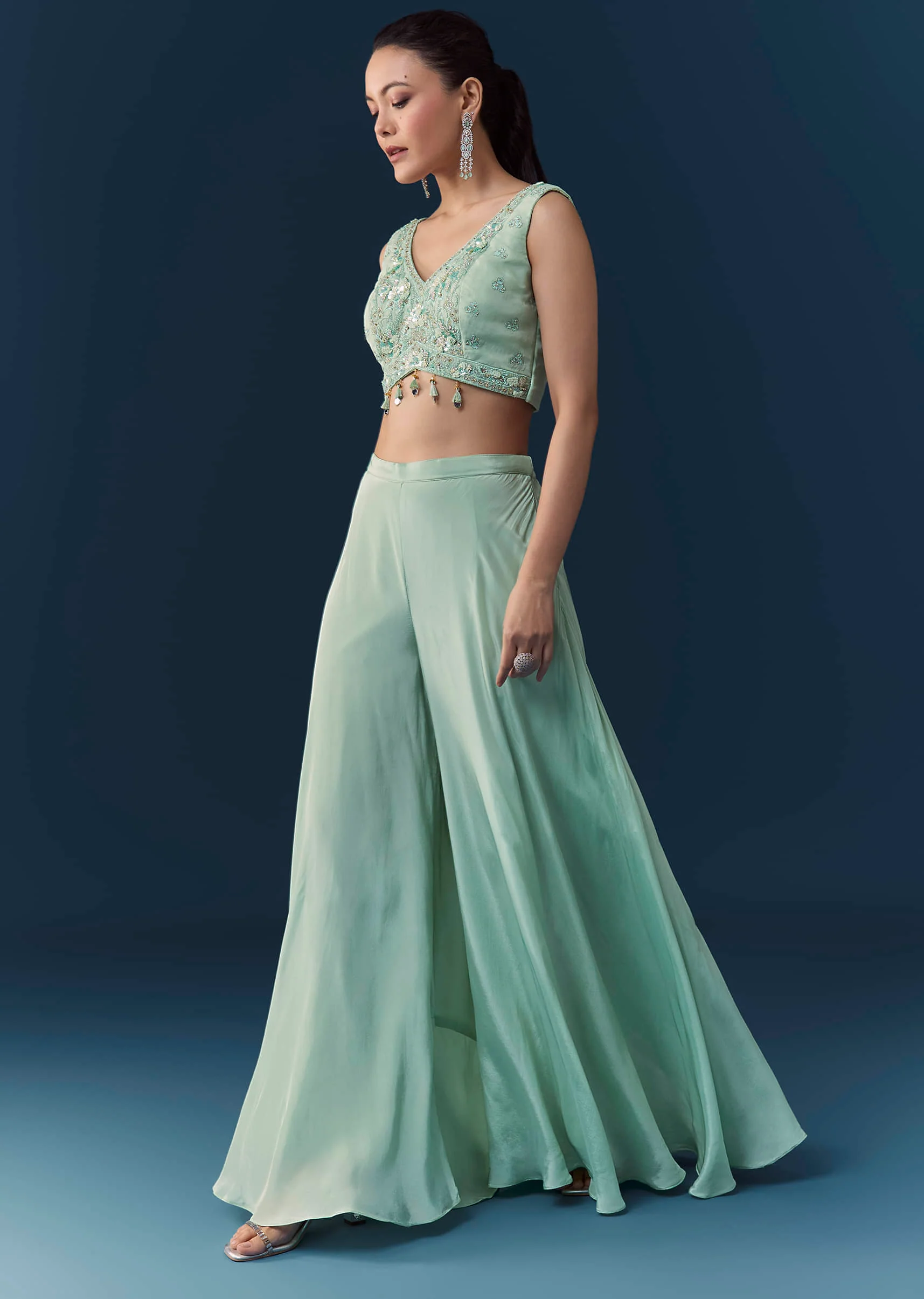 Blue Organza Embroidered Crop Top Palazzo Set with Cape - Image 6