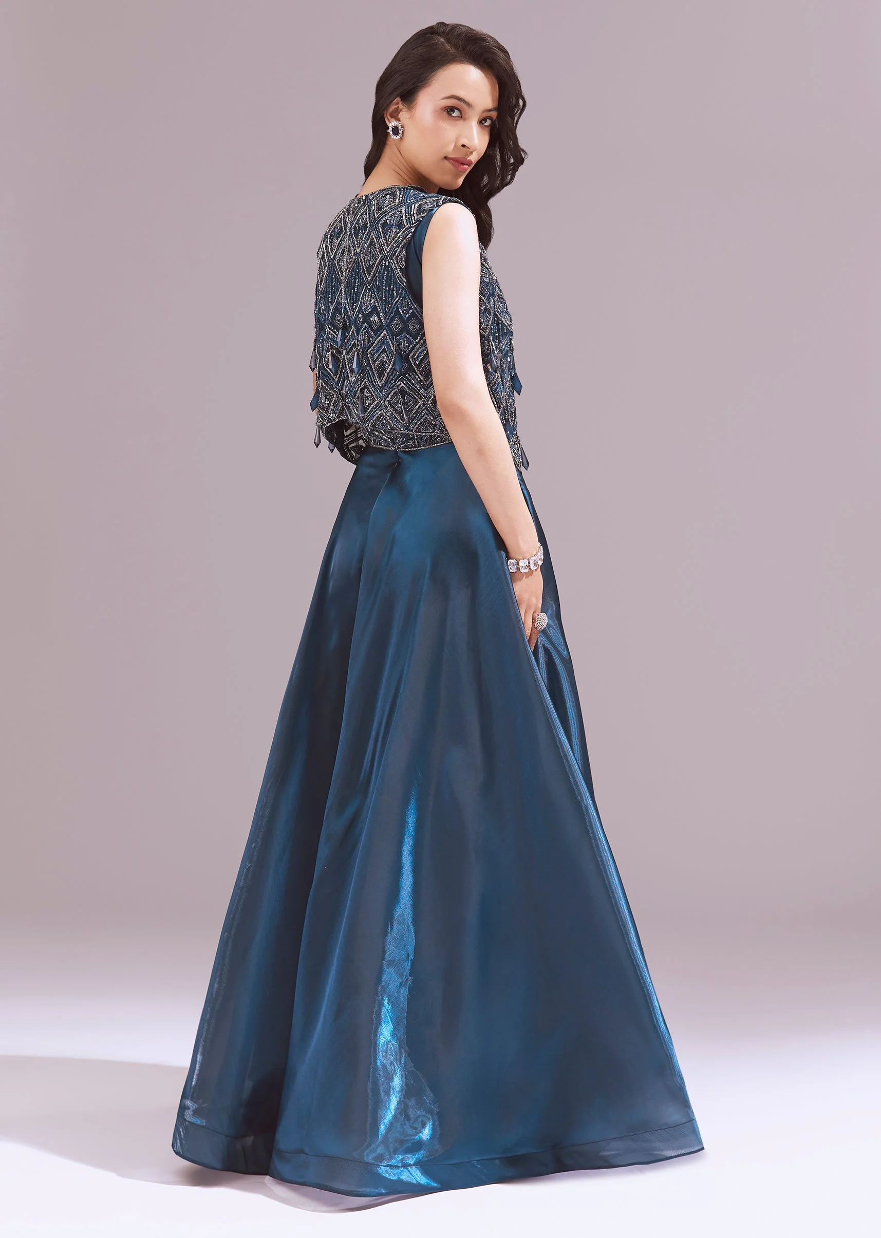 Blue Organza Jumpsuit With Jacket - Image 2