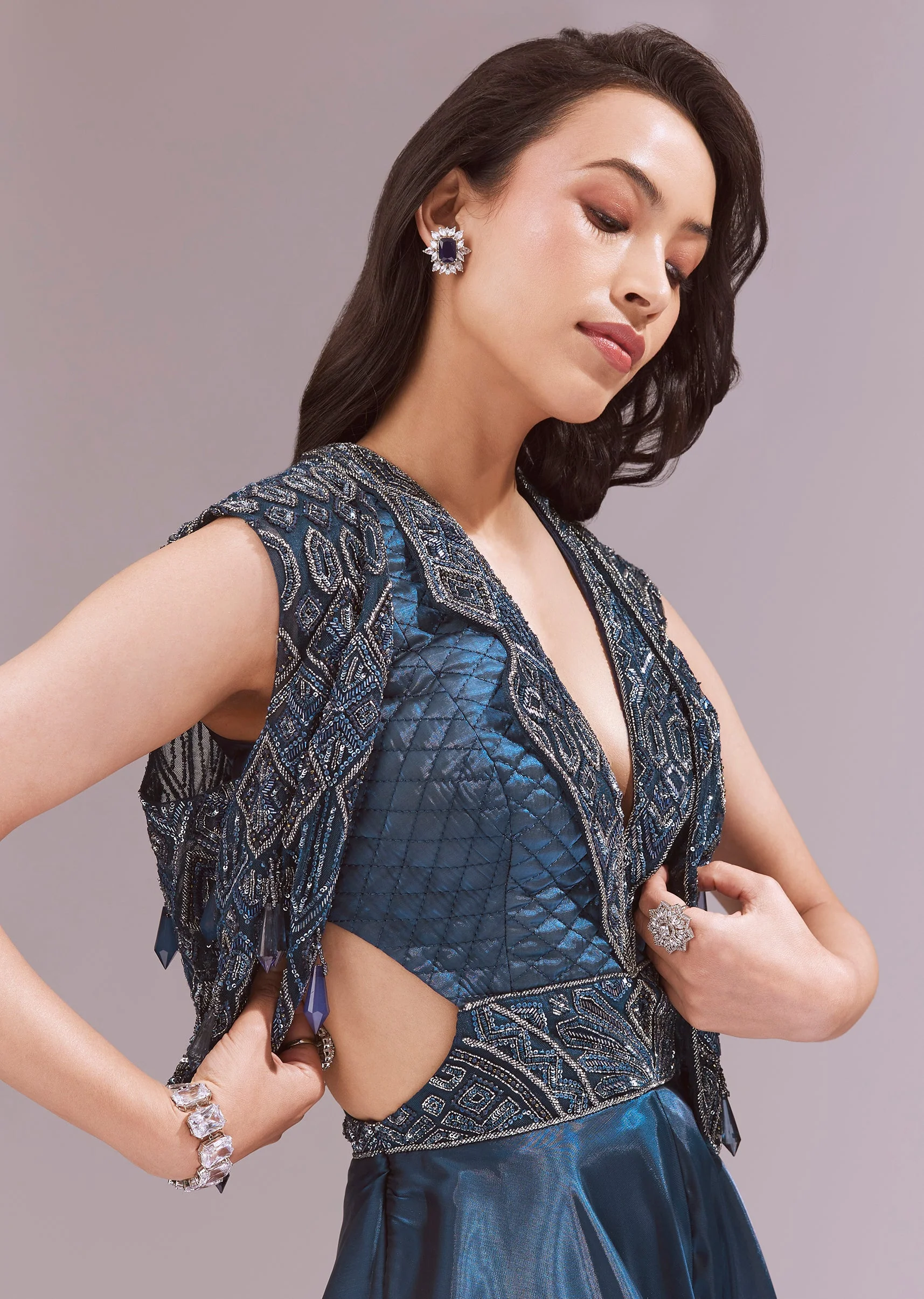 Blue Organza Jumpsuit With Jacket - Image 3
