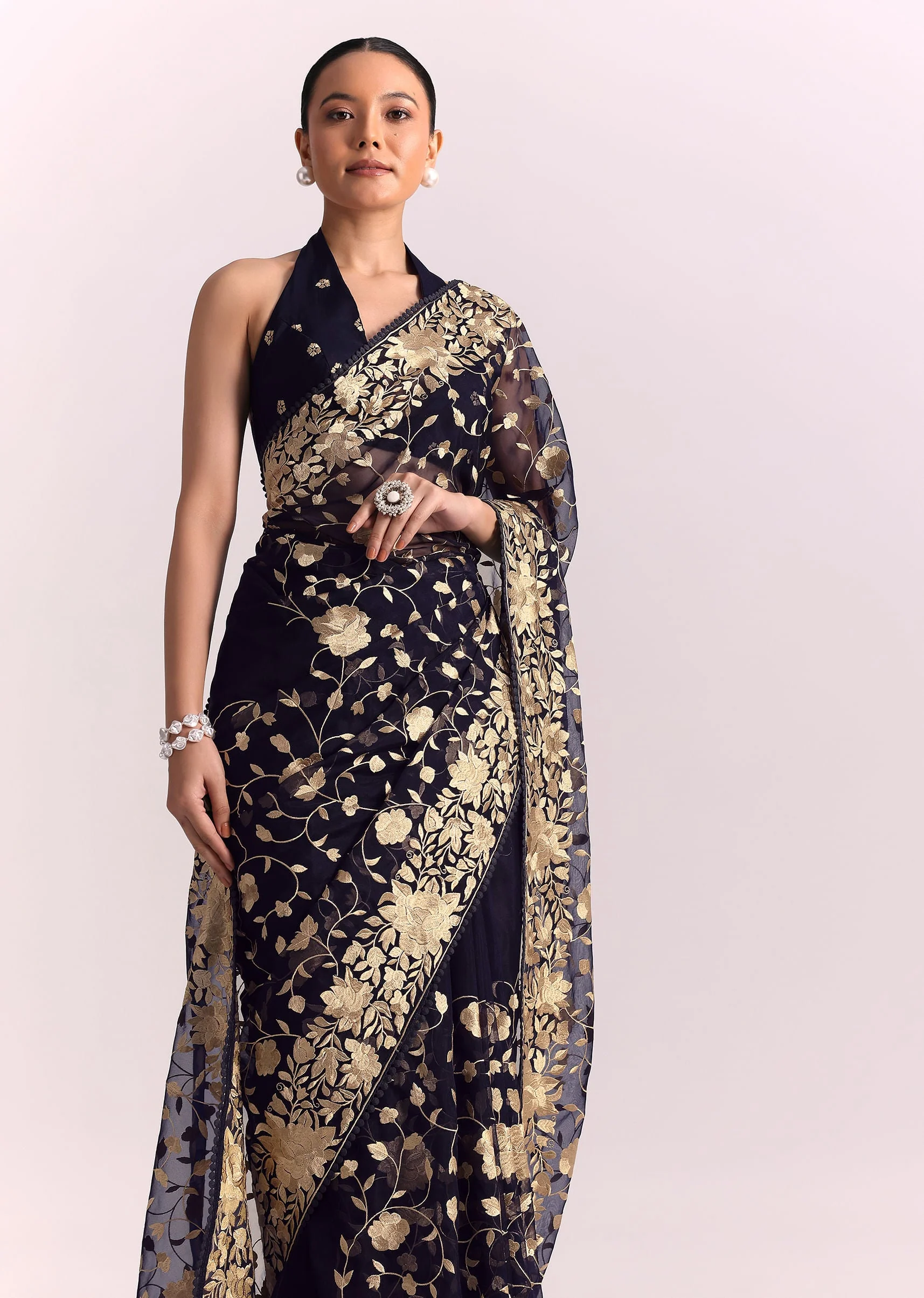 Blue Organza Parsi Gara Embroidered Saree - Image 2