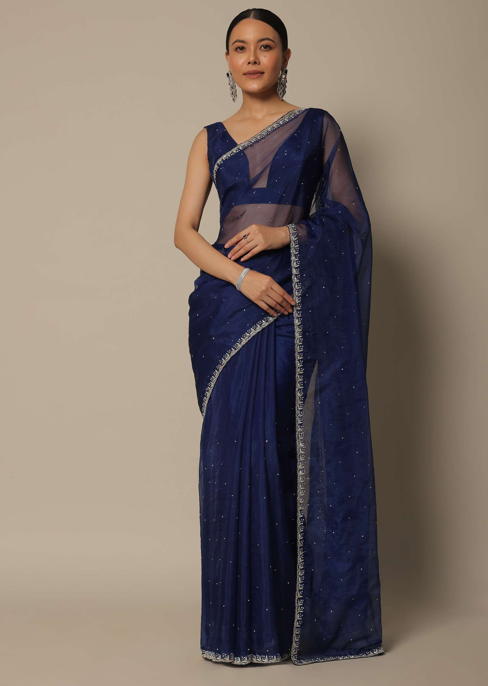 Blue Organza Saree With Stone Work And Unstitched Blouse Piece - Image 3