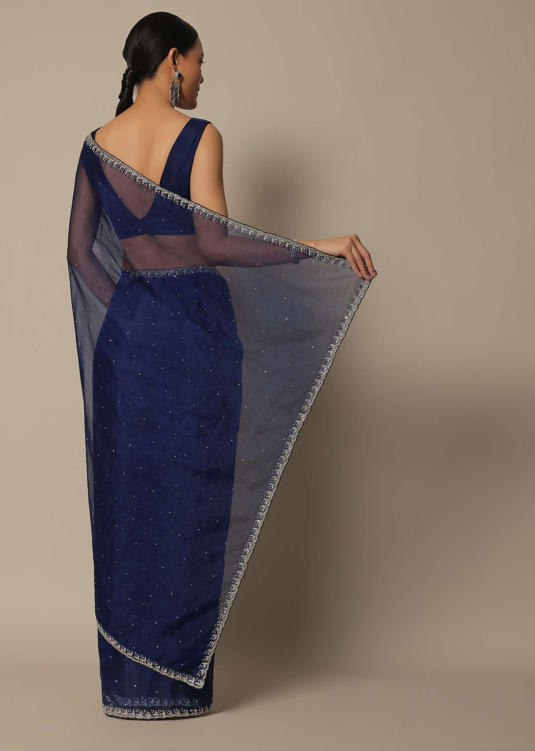Blue Organza Saree With Stone Work And Unstitched Blouse Piece - Image 6