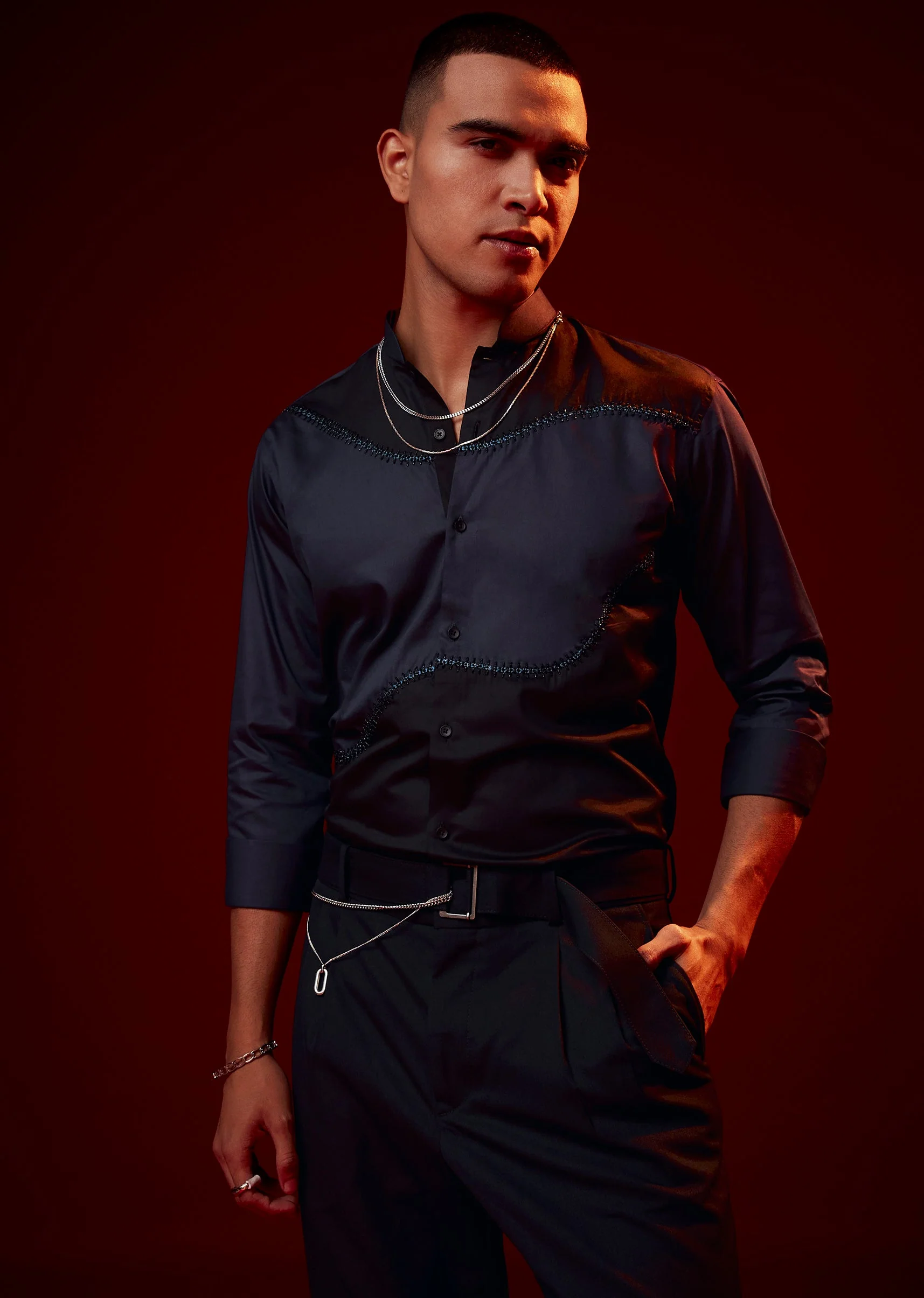 Blue Patch Work Embellished Mandarin Collar Shirt - Image 3