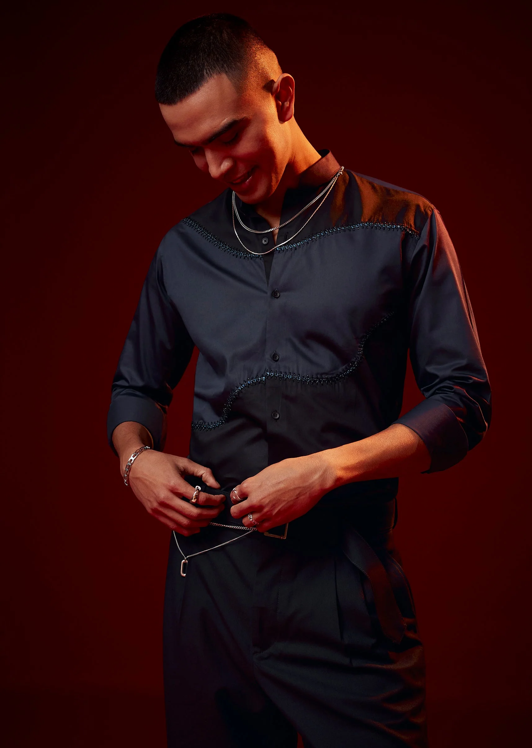 Blue Patch Work Embellished Mandarin Collar Shirt - Image 4