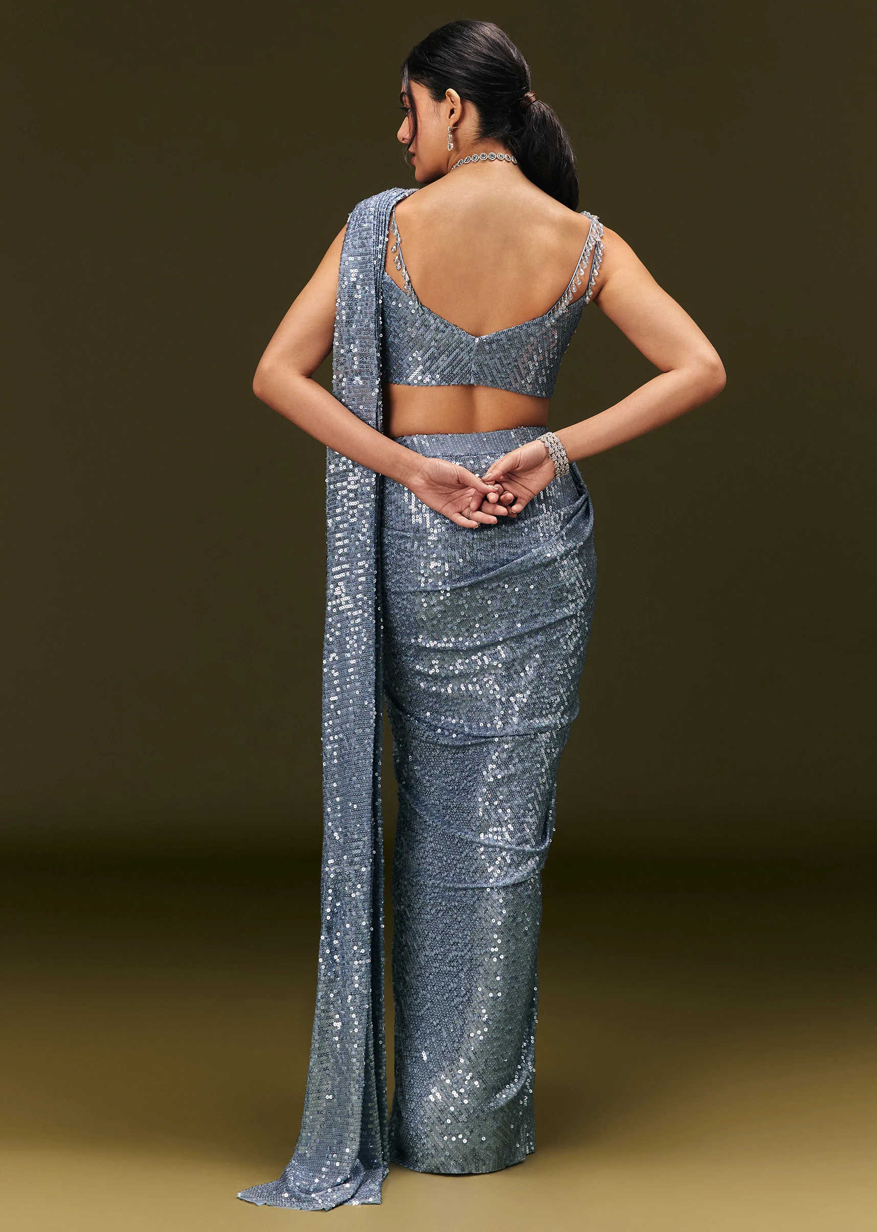 Blue Pre Stitched Saree With Sequin Stone Work - Image 5