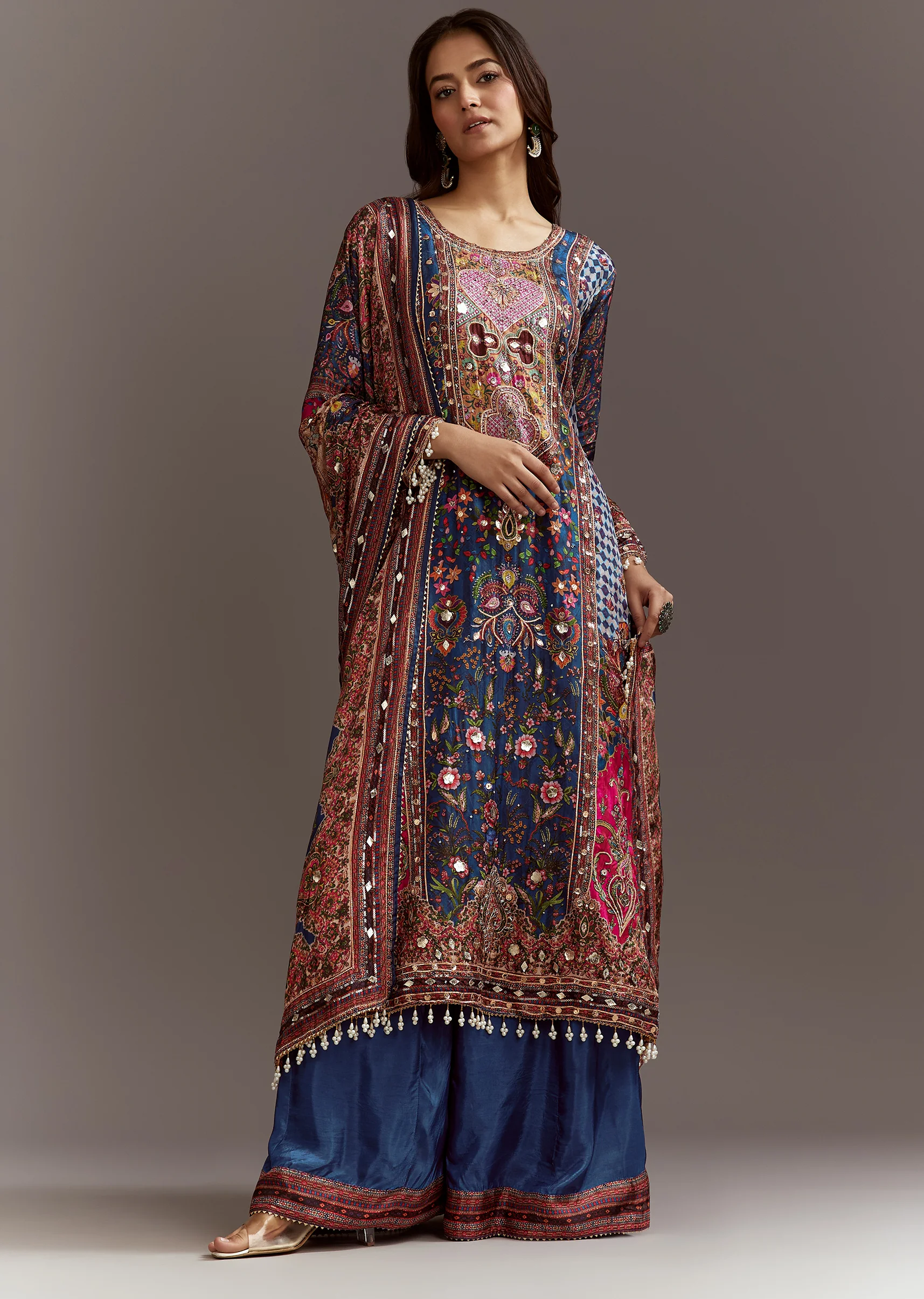 Blue Printed Gotta Lace Sequin Kurta Set With Floral Print Dupatta - Image 4