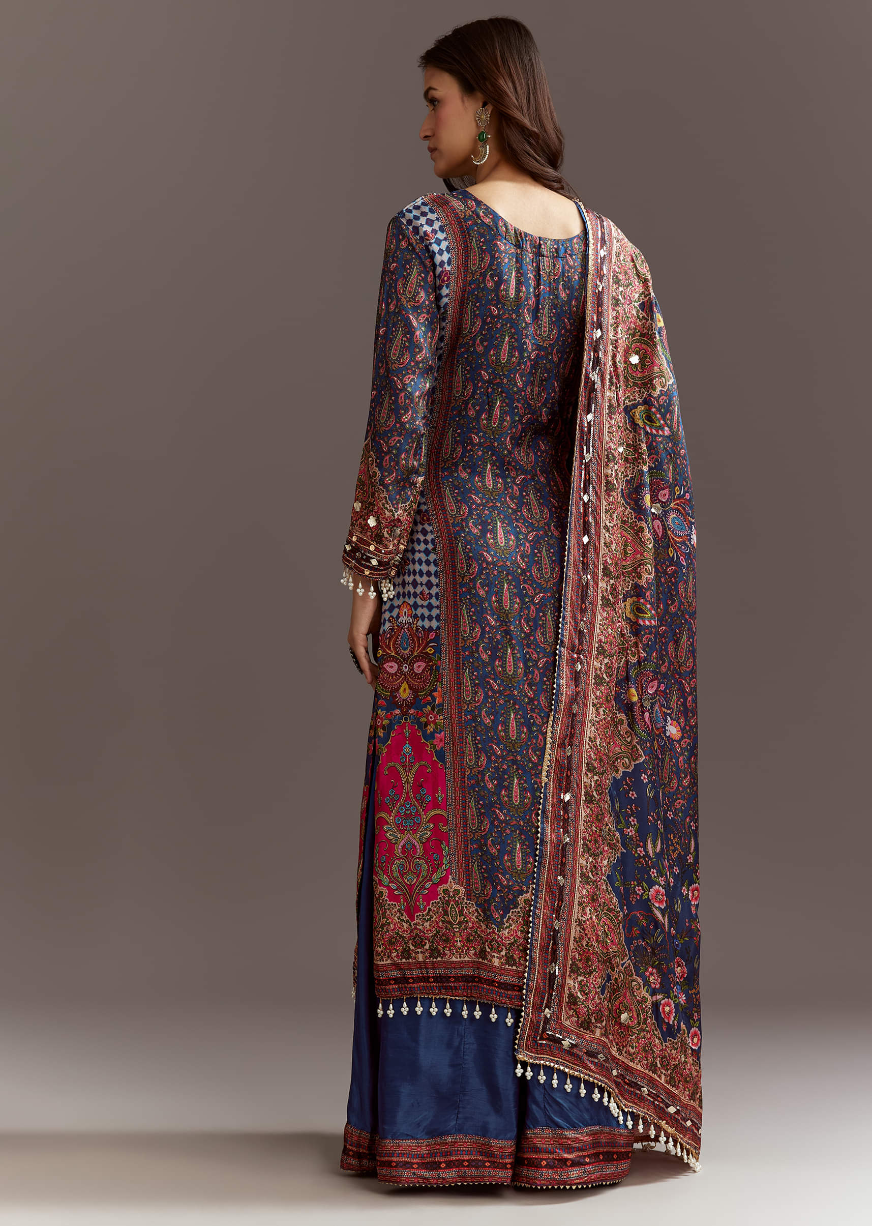 Blue Printed Gotta Lace Sequin Kurta Set With Floral Print Dupatta - Image 5